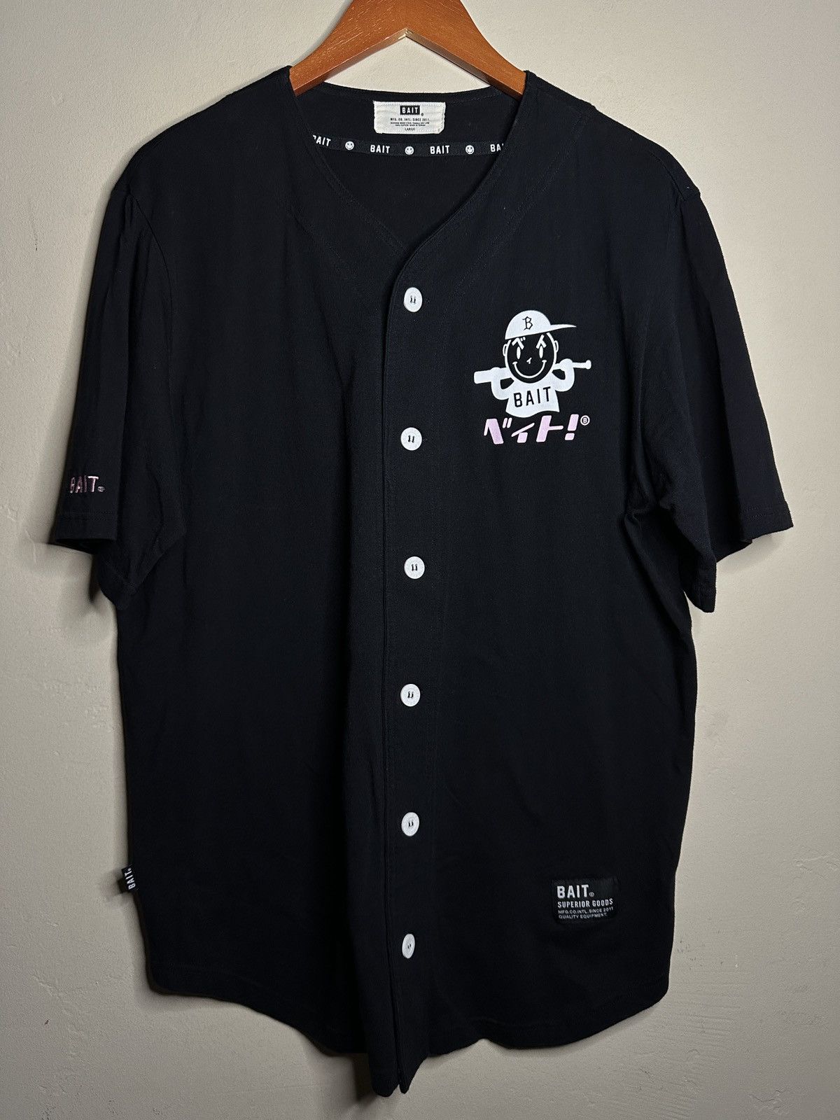 image of Bait Nippon Logo Baseball Boy Button Jersey - Large in Black/White/Pink, Men's