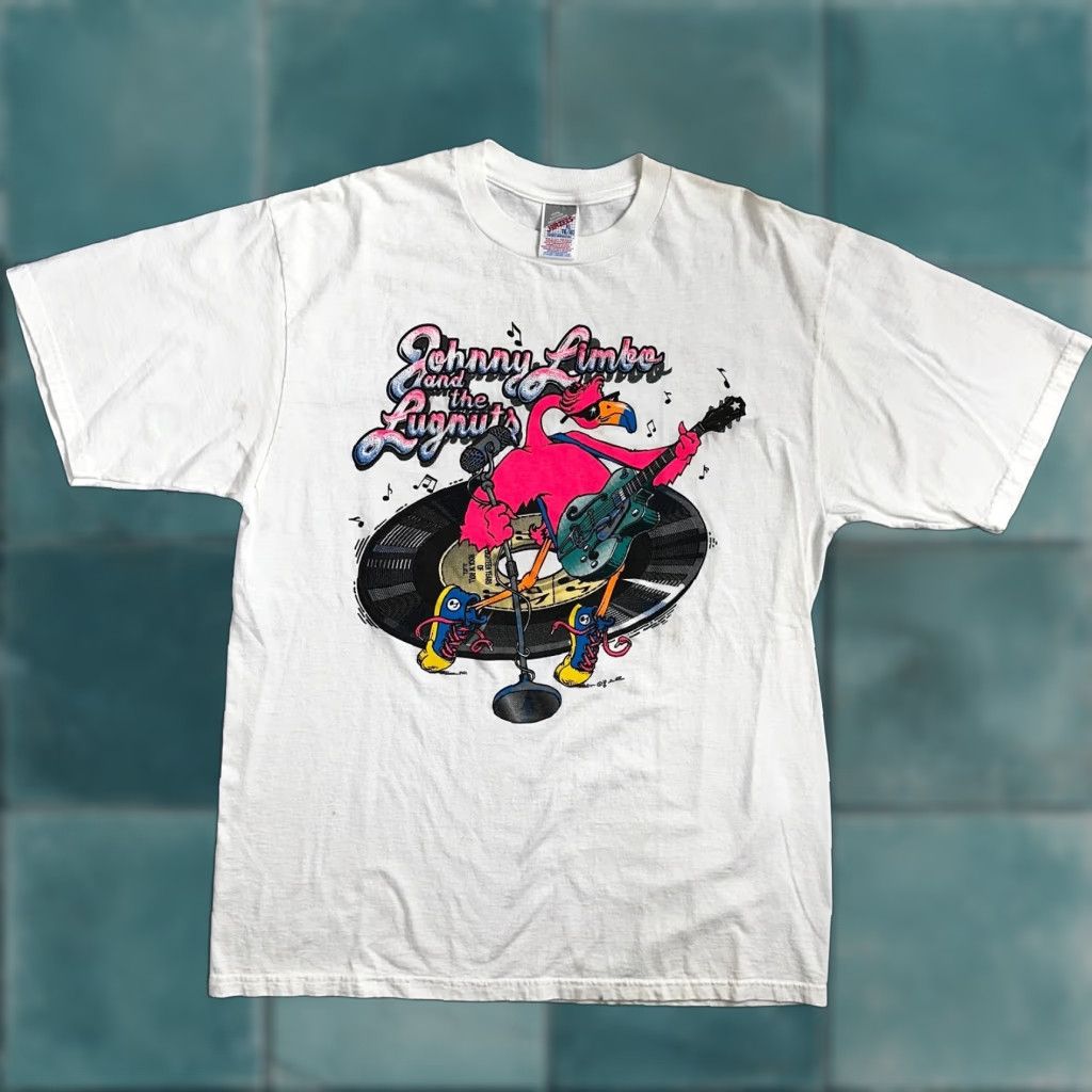 Jerzees VINTAGE Johnny Limbo SIGNED VTG T Shirt 90s Music Band Falmingo Funny Guitar Rock Vinyl Mens XL White Jerzees Graphic Print 70s 80s 90s Shirt Size US XL / EU 56 / 4 - 1 Thumbnail