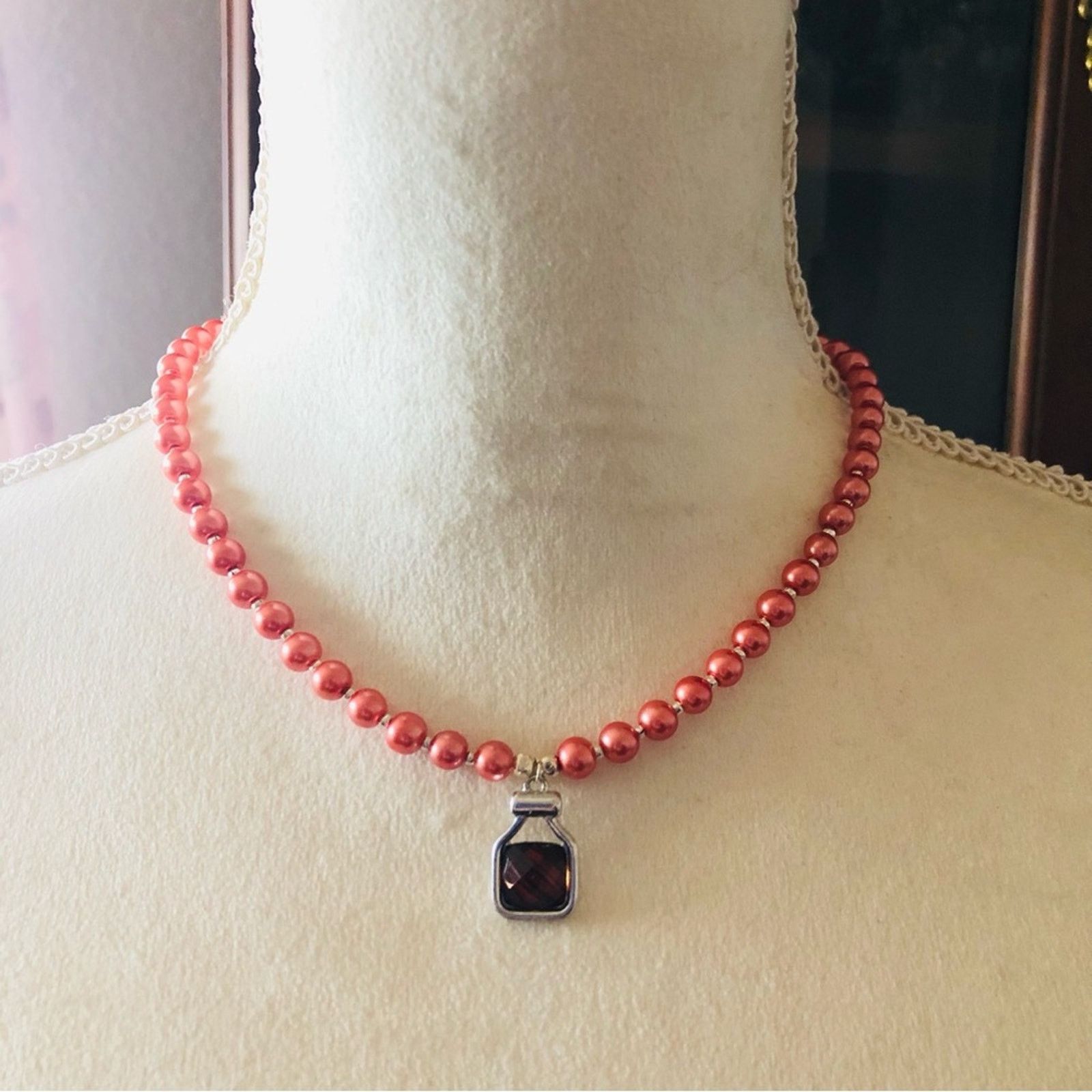 Handmade Handcrafted repurpose antique rose stone Pearl necklace Size ONE SIZE - 2 Thumbnail