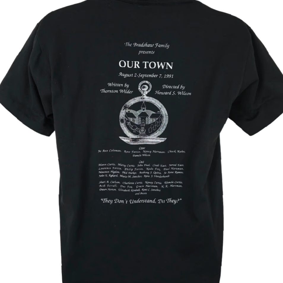 Jerzees VINTAGE Jerzees Our Town T Shirt Mens L Black 90s Main Street Gallery Theatre USA Mens T-Shirt 90s theater drama Riverside Size US L / EU 52-54 / 3 - 2 Thumbnail