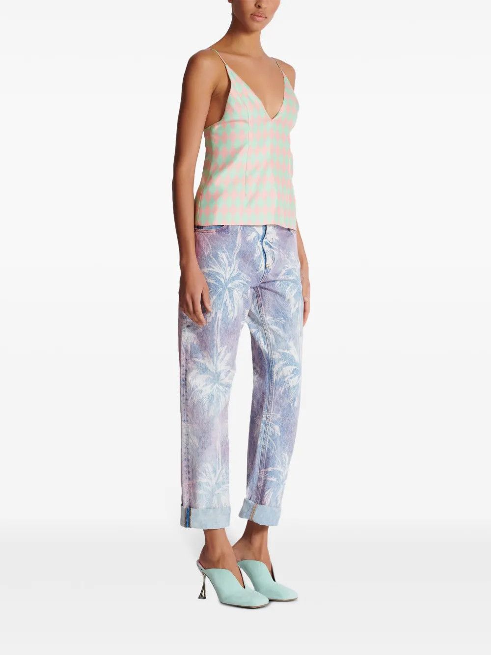 Balmain o1s1wg110725 Dimond Print Silk Top in Green/Pink Size XL / US 12-14 / IT 48-50 - 5 Thumbnail