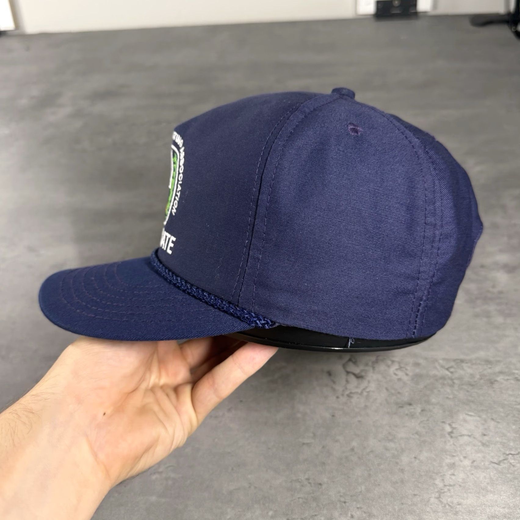 Vintage VINTAGE Skeet Trap Clay Shooting Hat Navy White Rope Trucker Leather Strap Men Adjustable 80s USA Size ONE SIZE - 3 Thumbnail