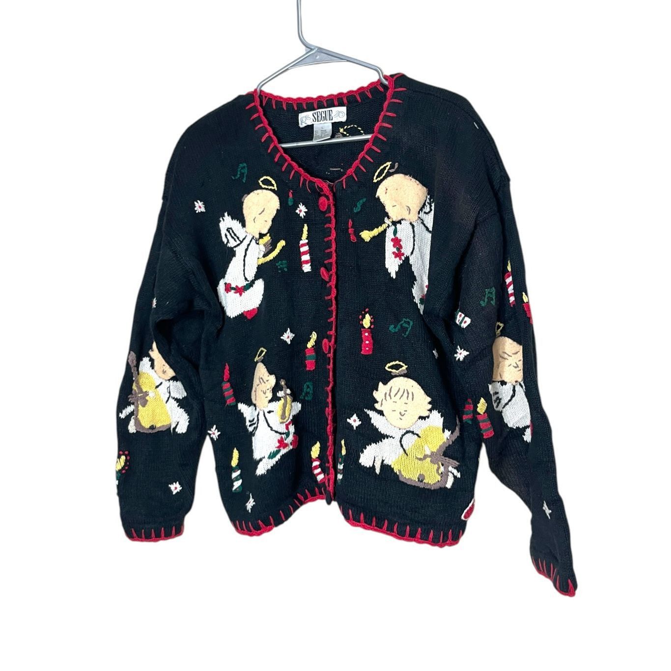 Other Vintage Segue Black Christmas Angel Print Cardigan Sweater S Size L / US 10 / IT 46 - 1 Thumbnail