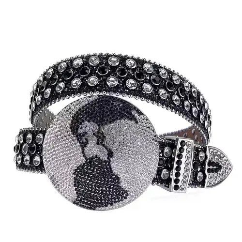 Japanese Brand × Vintage y2k black white studded rhinestone leather belt Size 34 - 4 Thumbnail