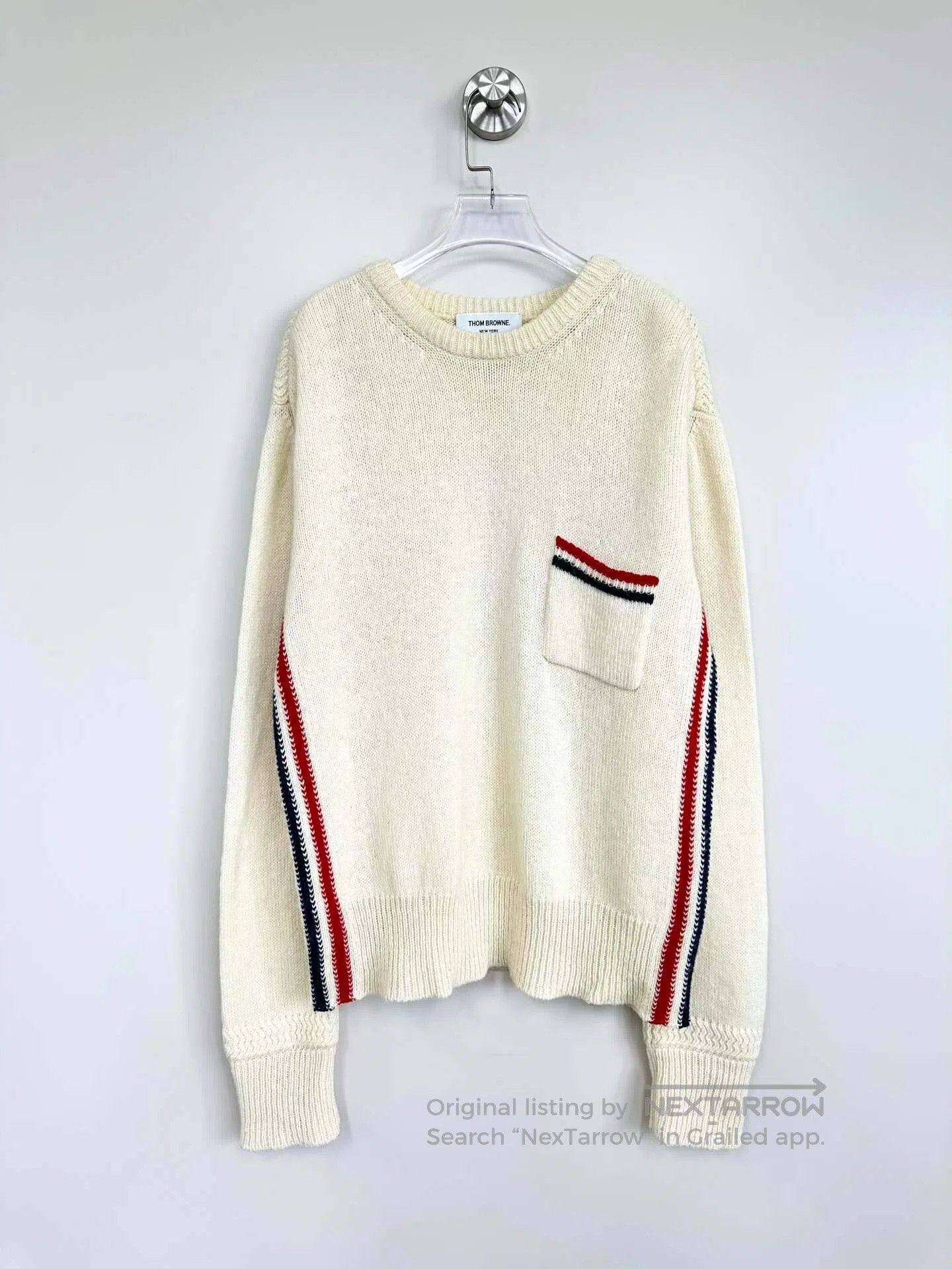 Thom Browne Thom Browne Ivory pocket side stripe logo wool knitted swe Size US M / EU 48-50 / 2 - 1 Thumbnail