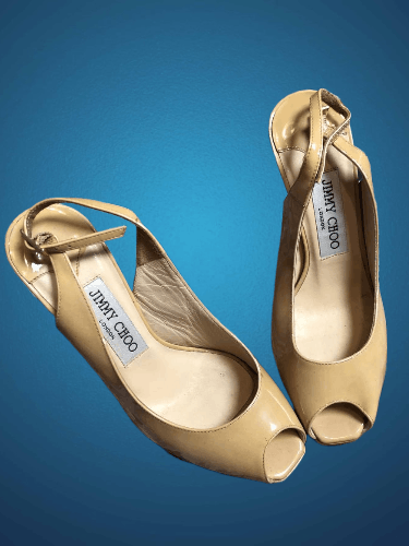 Jimmy Choo Jimmy Choo Beige Patent Leather Peep Toe Heel Pumps Size US 5 / IT 35 - 1 Thumbnail