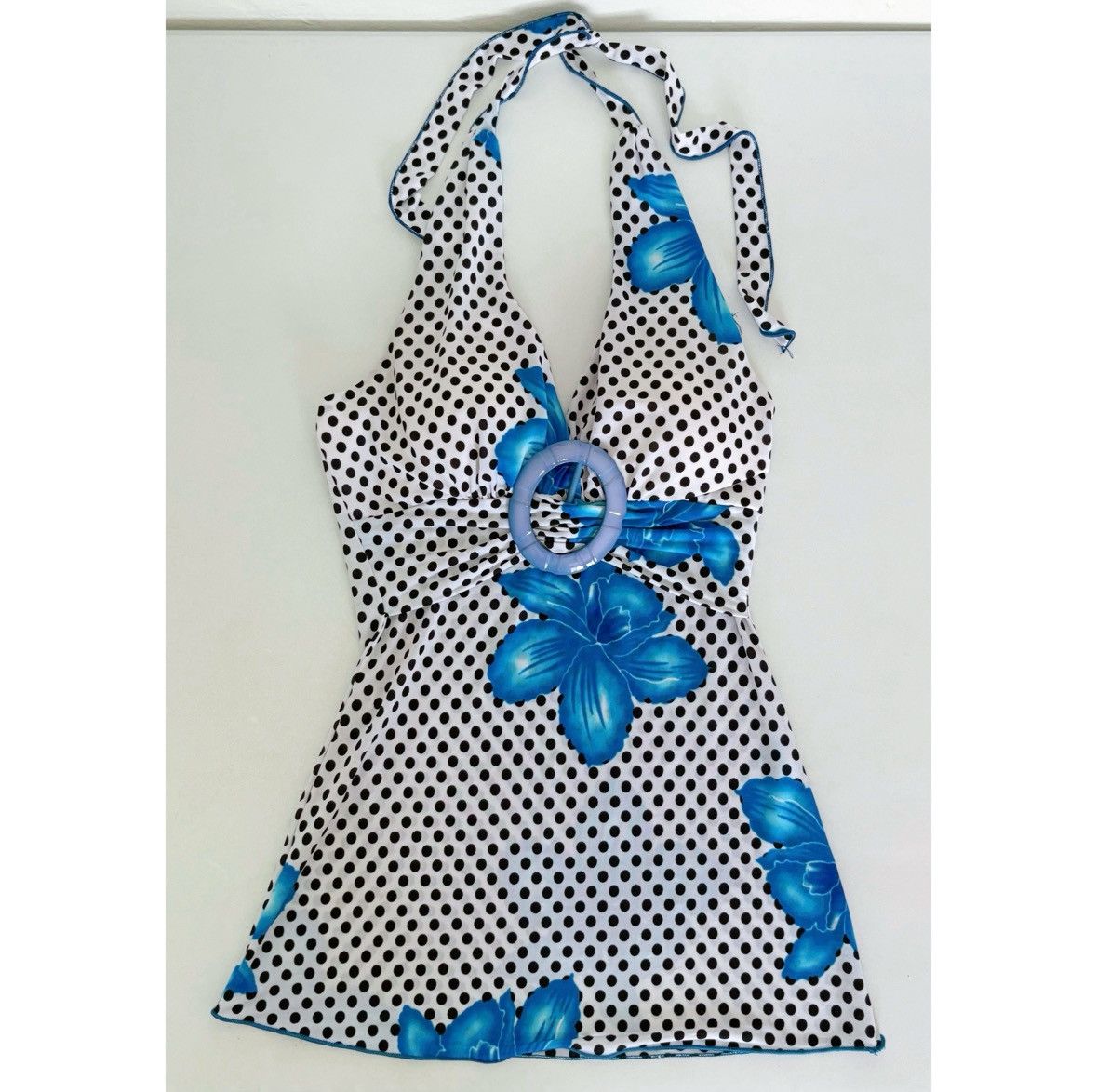 Japanese Brand Polka Dot Floral Belted Halter Top Shirt Blouse Size S 🤍💙 Size S / US 4 / IT 40 - 3 Thumbnail