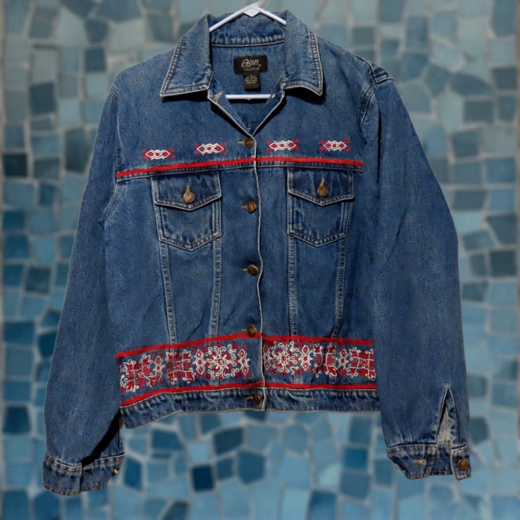 Vintage READ Agapo Collection Women's L Denim Jacket Beaded Embroidered Blue Basic Shirt? Size L / US 10 / IT 46 - 1 Thumbnail
