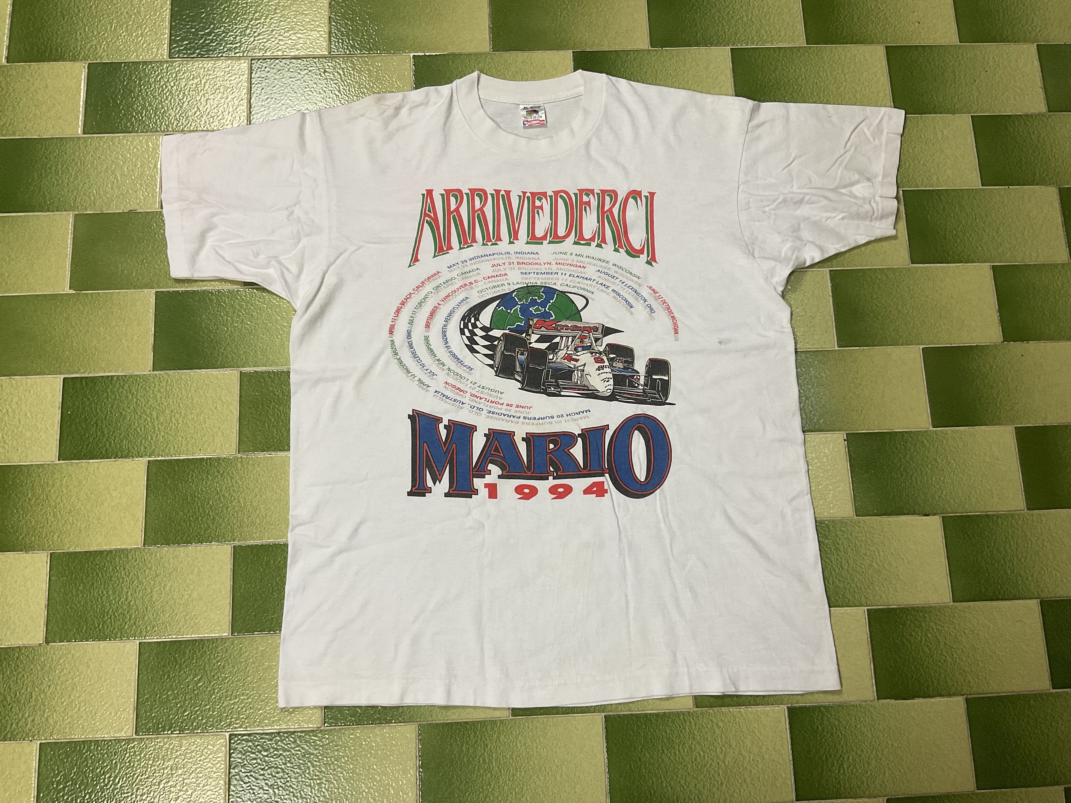 image of Formula Uno x Nascar Vintage 90's Mario Andretti 1994 Arrivederci Racing T-Shirt in White (Size XL)