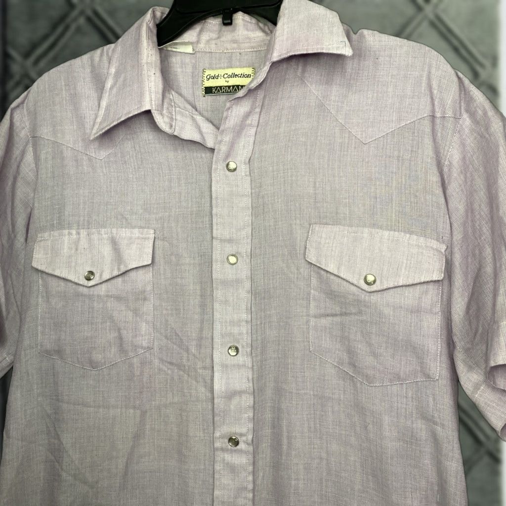 Armani VINTAGE Karman Western Pearl Snap Shirt Mens L Rockabilly Purple 1970s Cotton Blend Short Sleeve Made in United States Size US L / EU 52-54 / 3 - 1 Thumbnail