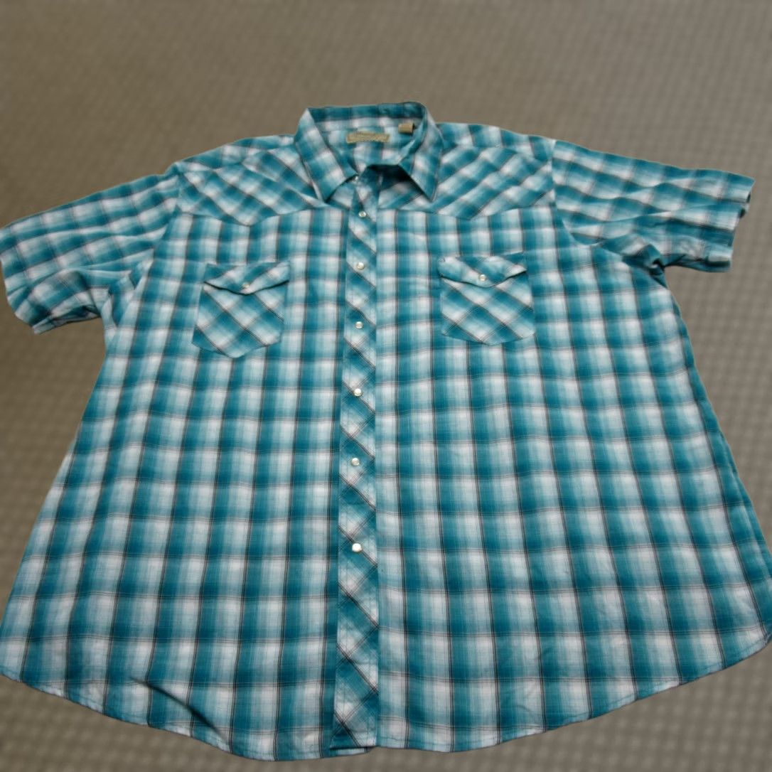 Wrangler Wrangler Western Shirt Mens 3XL Blue Plaid Pockets Short Sleeve Pearl Snap Front Size US XXL / EU 58 / 5 - 1 Thumbnail