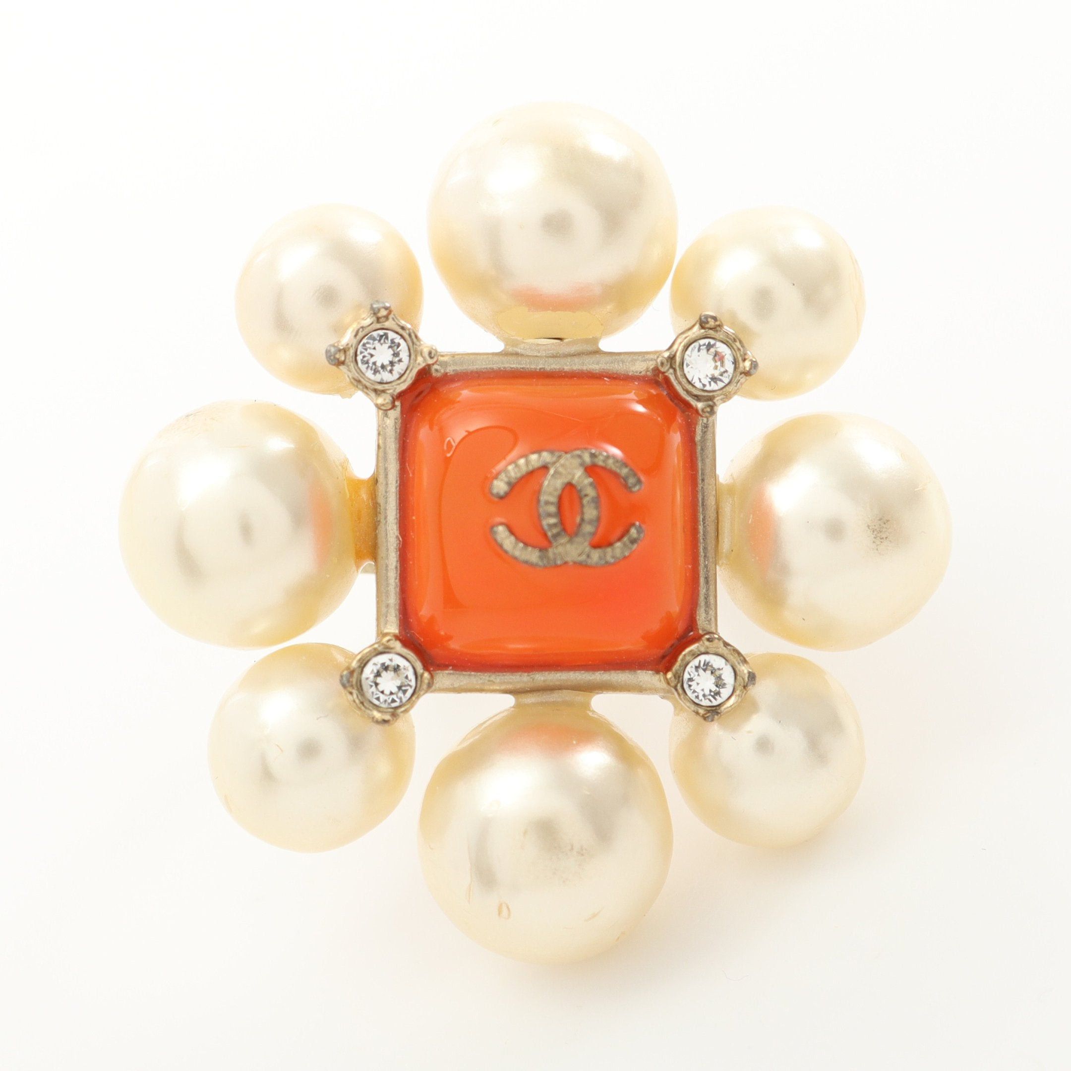 Chanel Chanel Coco Mark Ring Gp Fake Pearl Rhinestone Gold Off White Orange A14K Size ONE SIZE - 1 Thumbnail