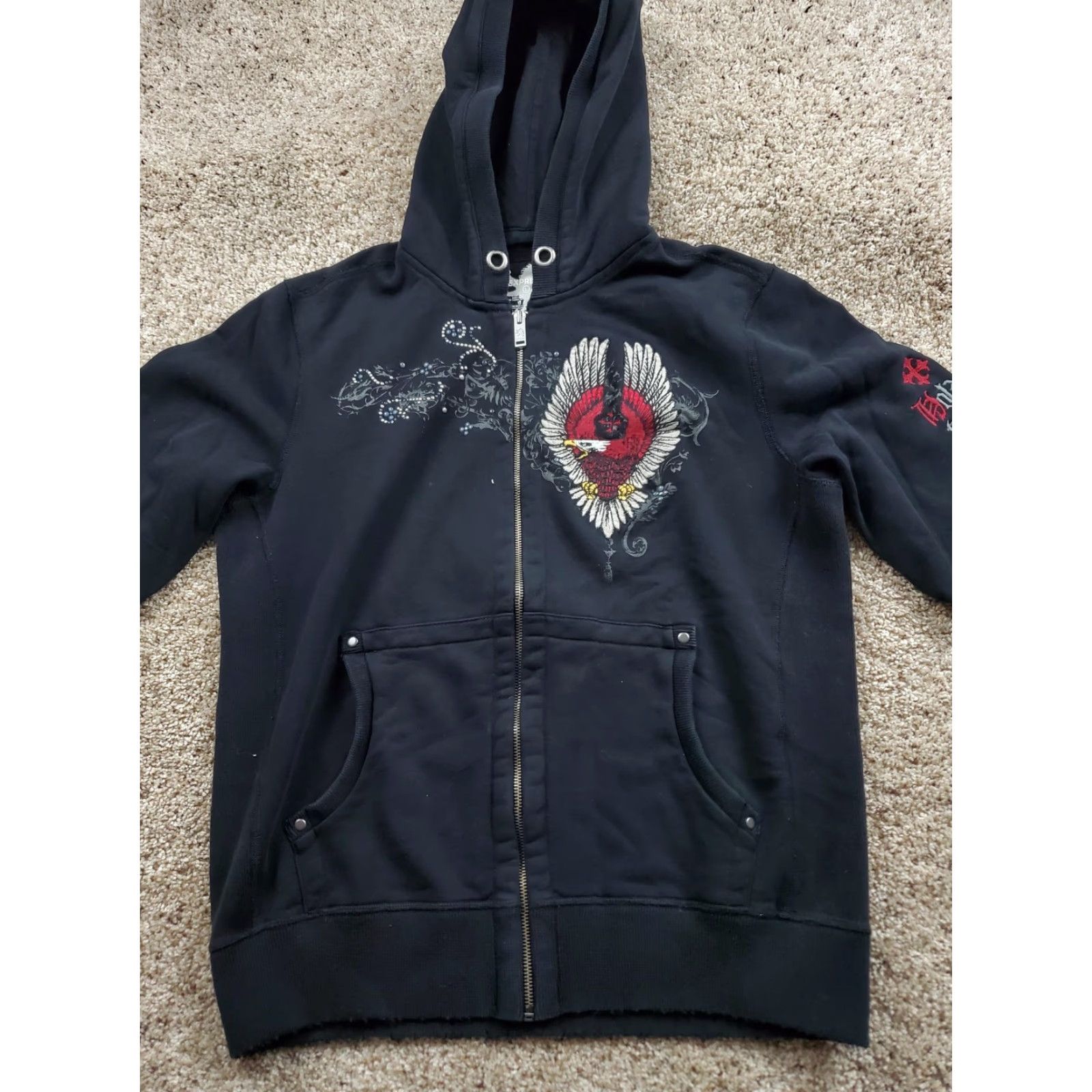 Express VINTAGE Express Hoodie Mens Large Black Embroidered Studded Graphic Vindicator Y2K Size US L / EU 52-54 / 3 - 5 Thumbnail