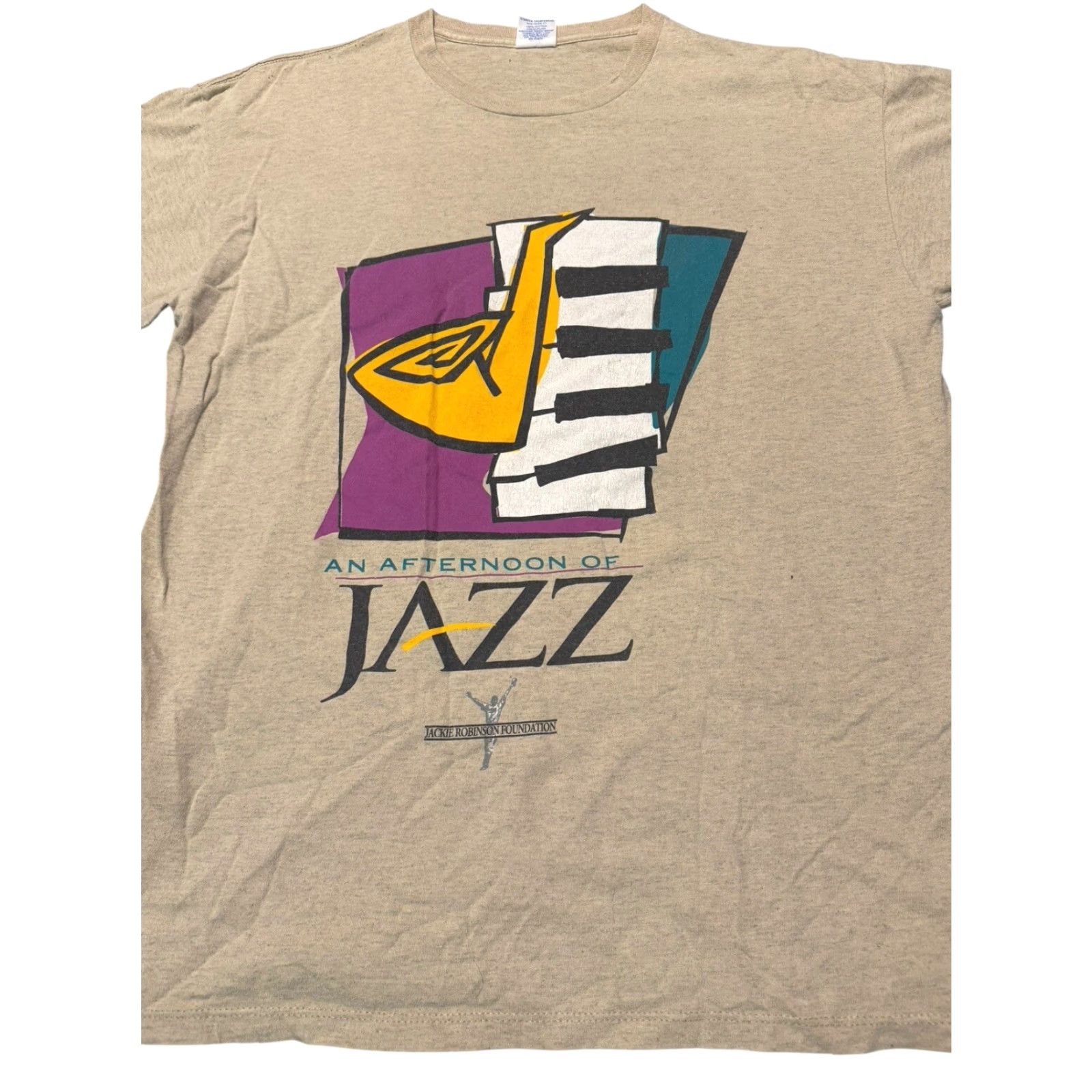 Starter VINTAGE Starter Afternoon Of Jazz Jackie Robinson Foundation T Shirt Size L Mens Beige 70s 80s 90s Graphic Print Crew Neck Short Sleeve Size US L / EU 52-54 / 3 - 5 Thumbnail