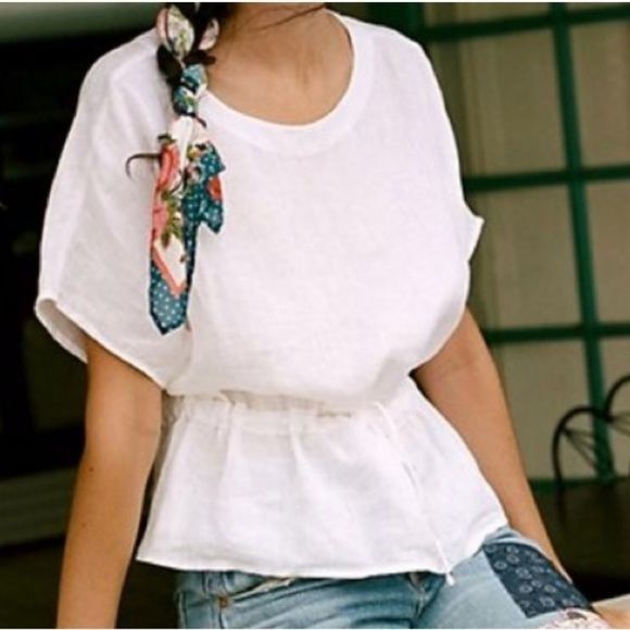 Anthropologie White Linen Drawstring Peplum Top Relaxed Summer Chic Blouse Size XS / US 0-2 / IT 36-38 - 3 Thumbnail
