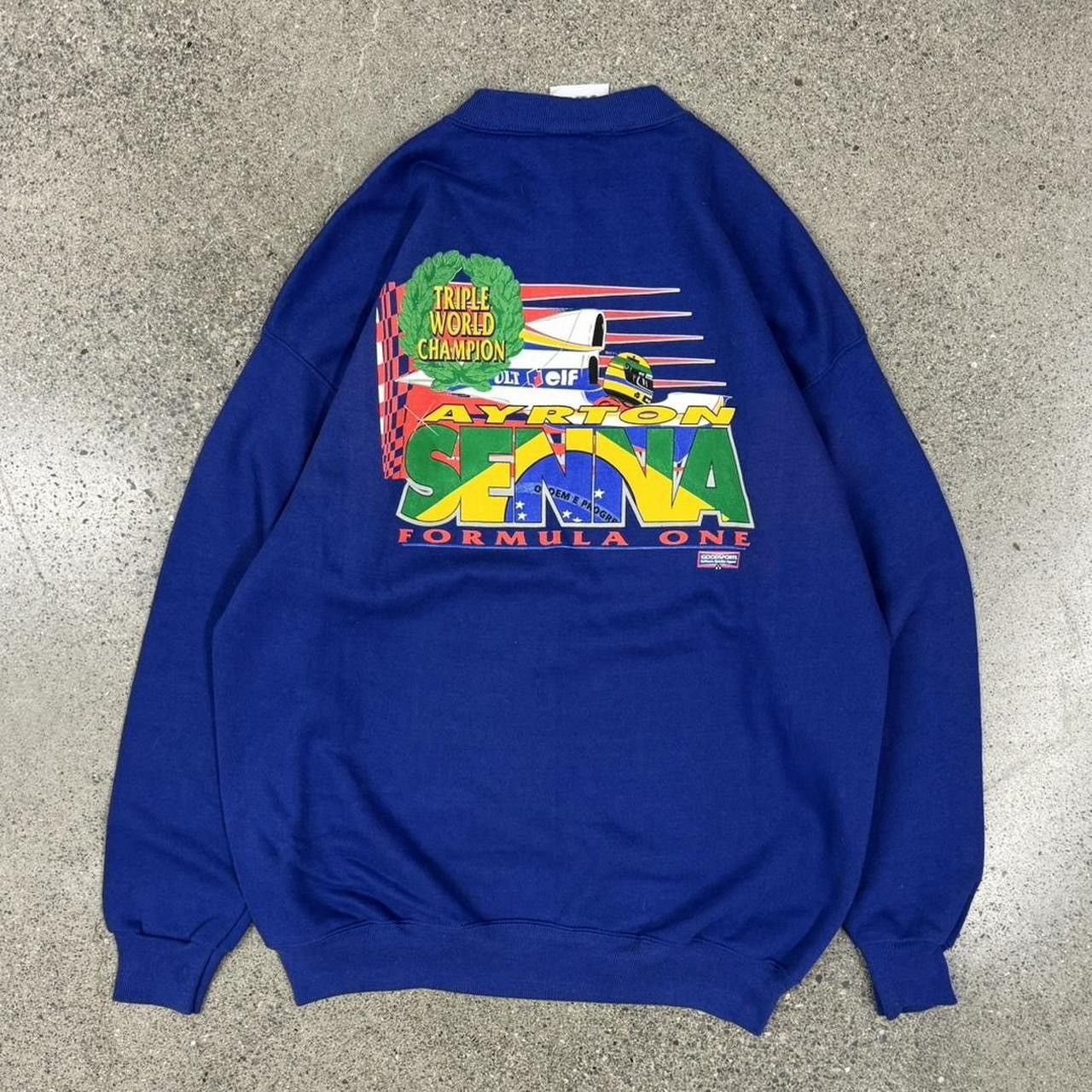 image of Formula Uno x Sports Specialties Vintage Aryton Senna Formula One Sweater Crewneck in Blue (Size XL