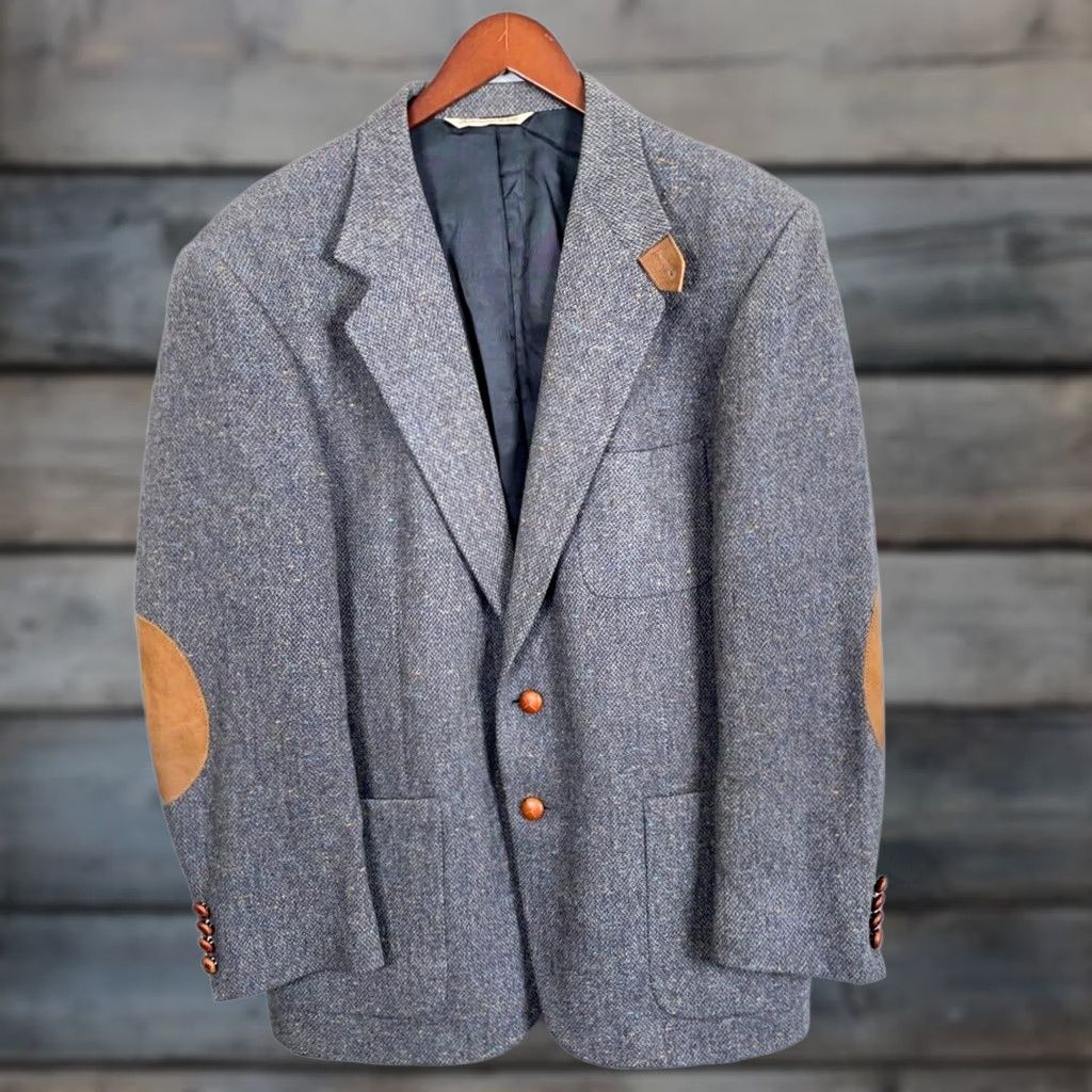Stafford VINTAGE Stafford Blazer Single-Breasted Gray Wool Tweed 2-Button Elbow Patches 44 Regular Mens Size 44R - 1 Thumbnail