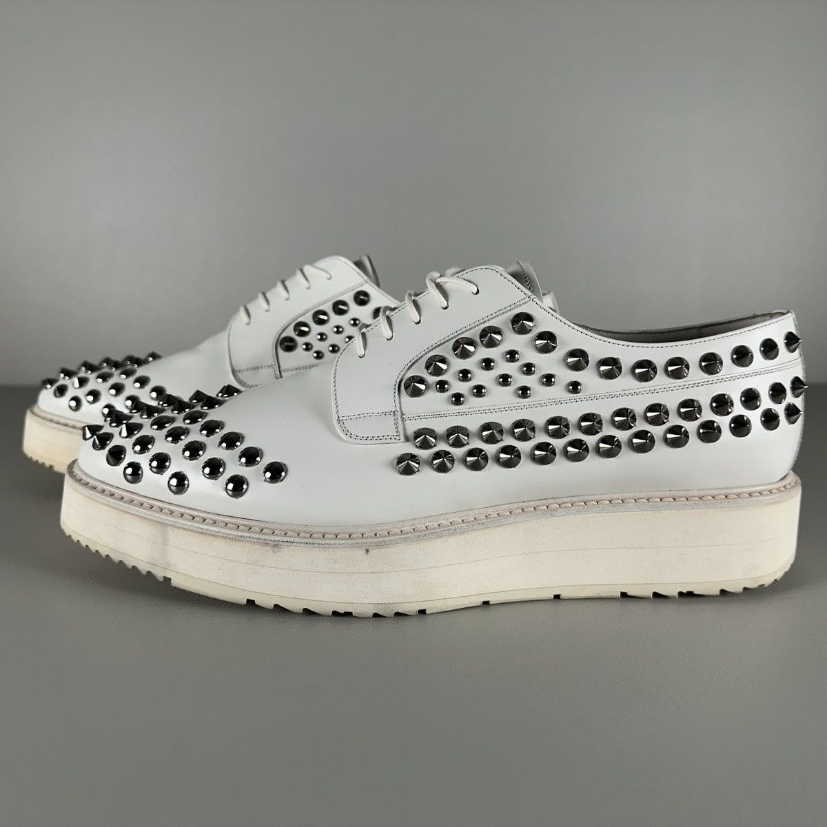 Iconic PRADA White Spikes Studded Platform Oxfords