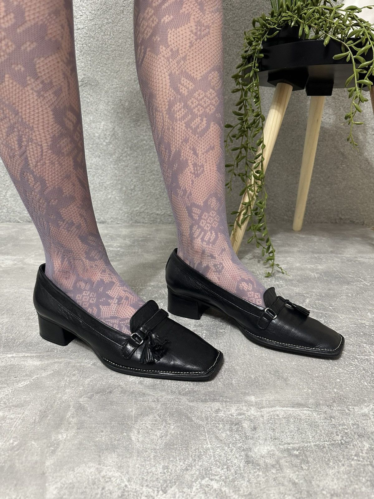 Other Vintage Black Leather Loafers with Tassels – Square Toe Size US 10 / IT 40 - 1 Thumbnail