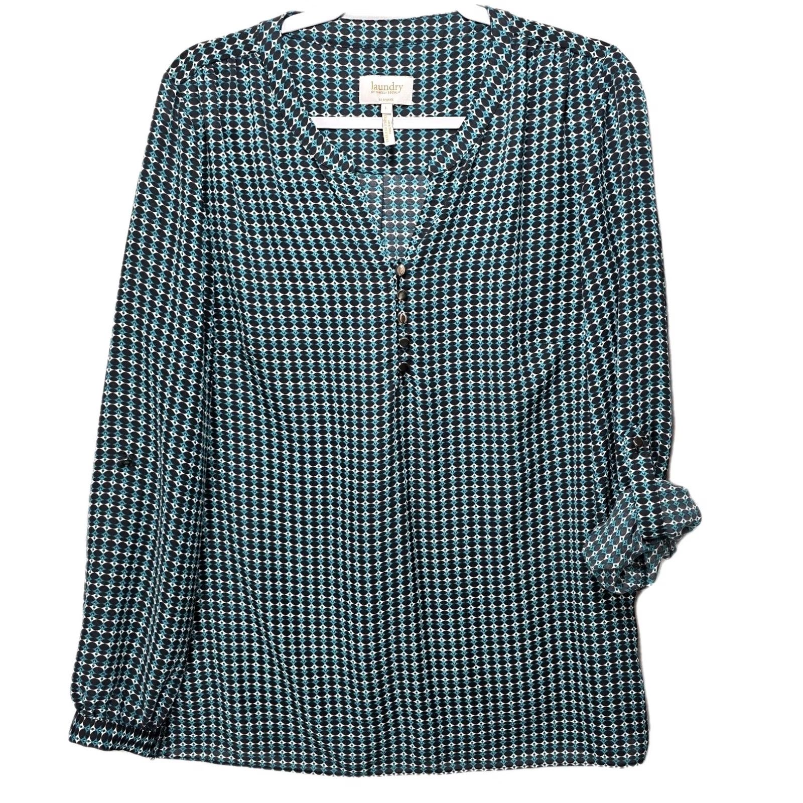 Laundry by Shelli Segal Laundry By Shelli Segal Blouse Womens L Geometric Roll Tab Long Sleeve Teal Size L / US 10 / IT 46 - 2 Thumbnail