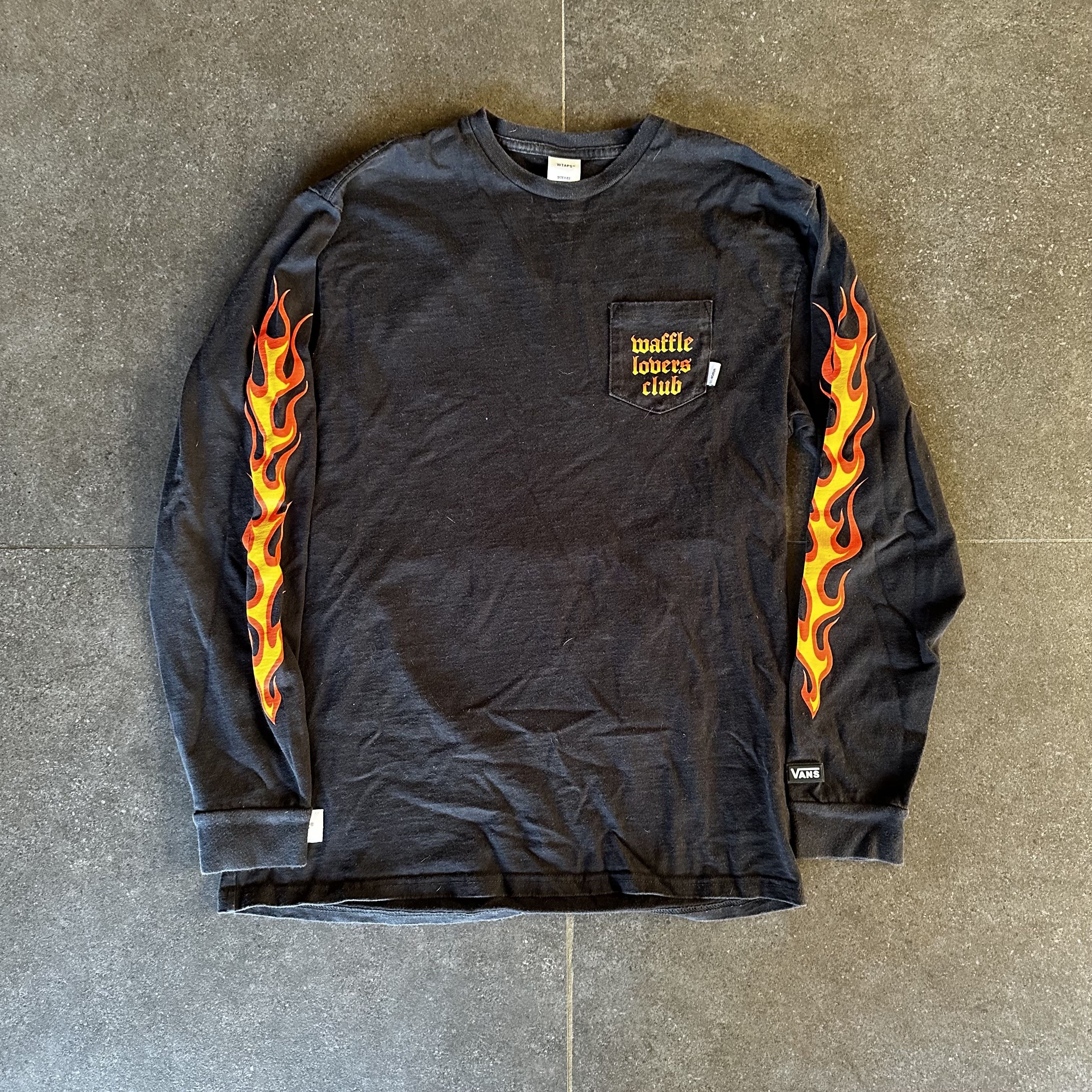 image of Vans Wtaps Long Sleeve Waffle Lovers Flames T-Shirt 03 Med in Black, Men's (Size Medium)