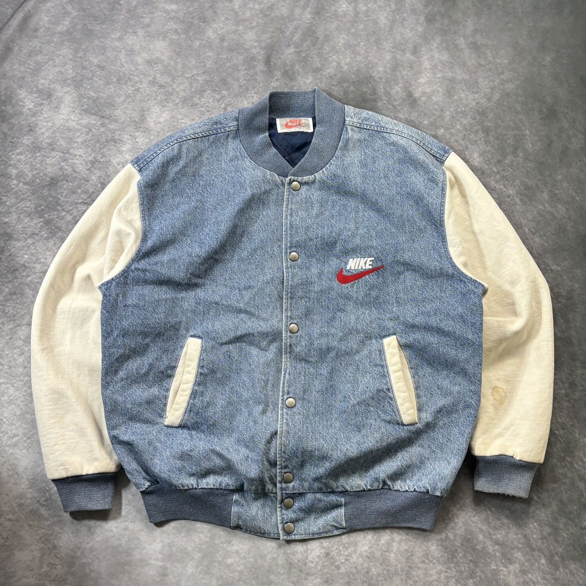 Nike × Vintage 1990s Vintage Nike Bomber Jacket Vintage Denim Jacket Swoosh Size US L / EU 52-54 / 3 - 12 Thumbnail