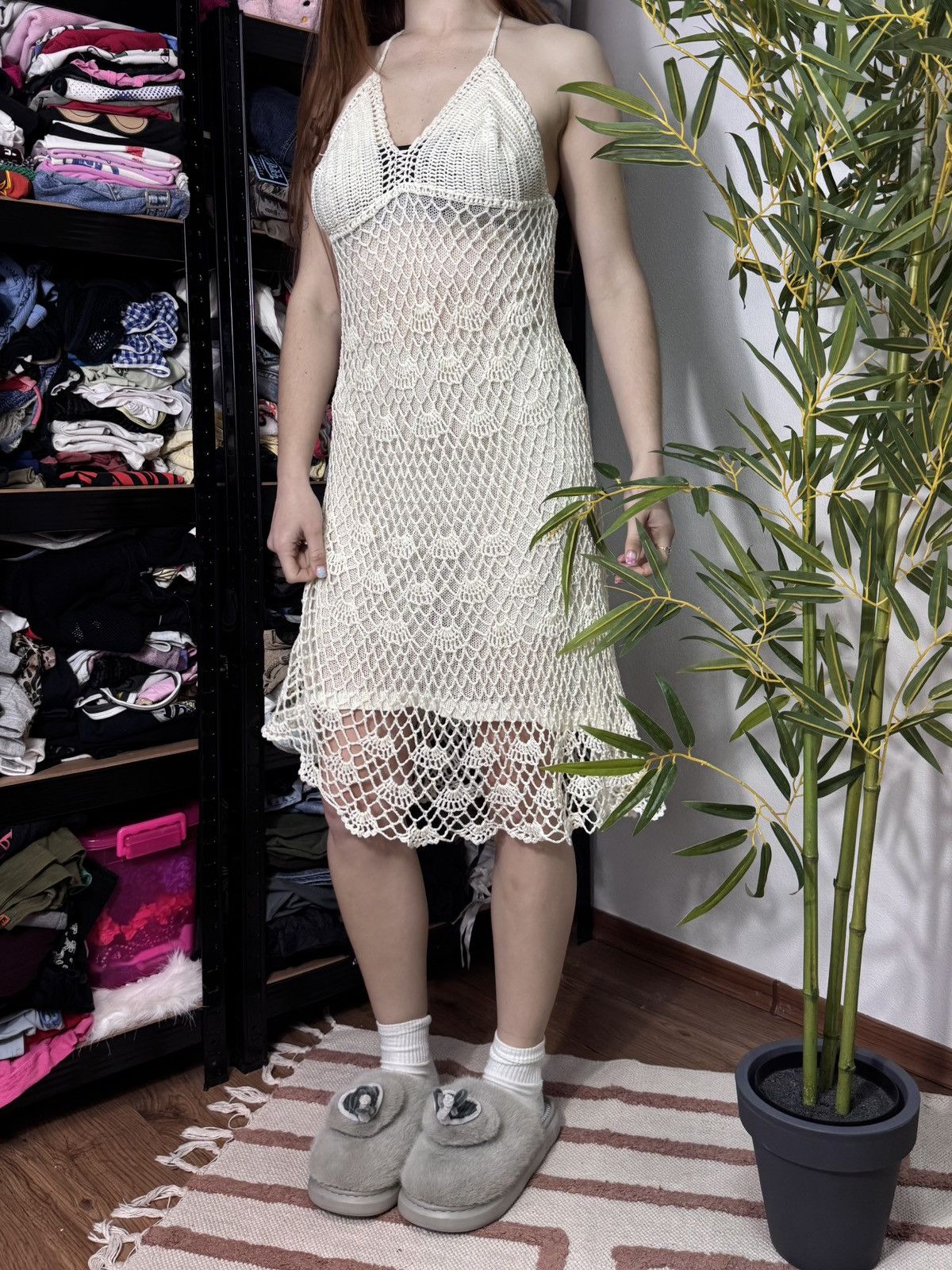 Japanese Brand × Vintage VINTAGE MESH KNITTED ROSES BEIGE TULIP BEACH DRESS Size M / US 6-8 / IT 42-44 - 3 Thumbnail