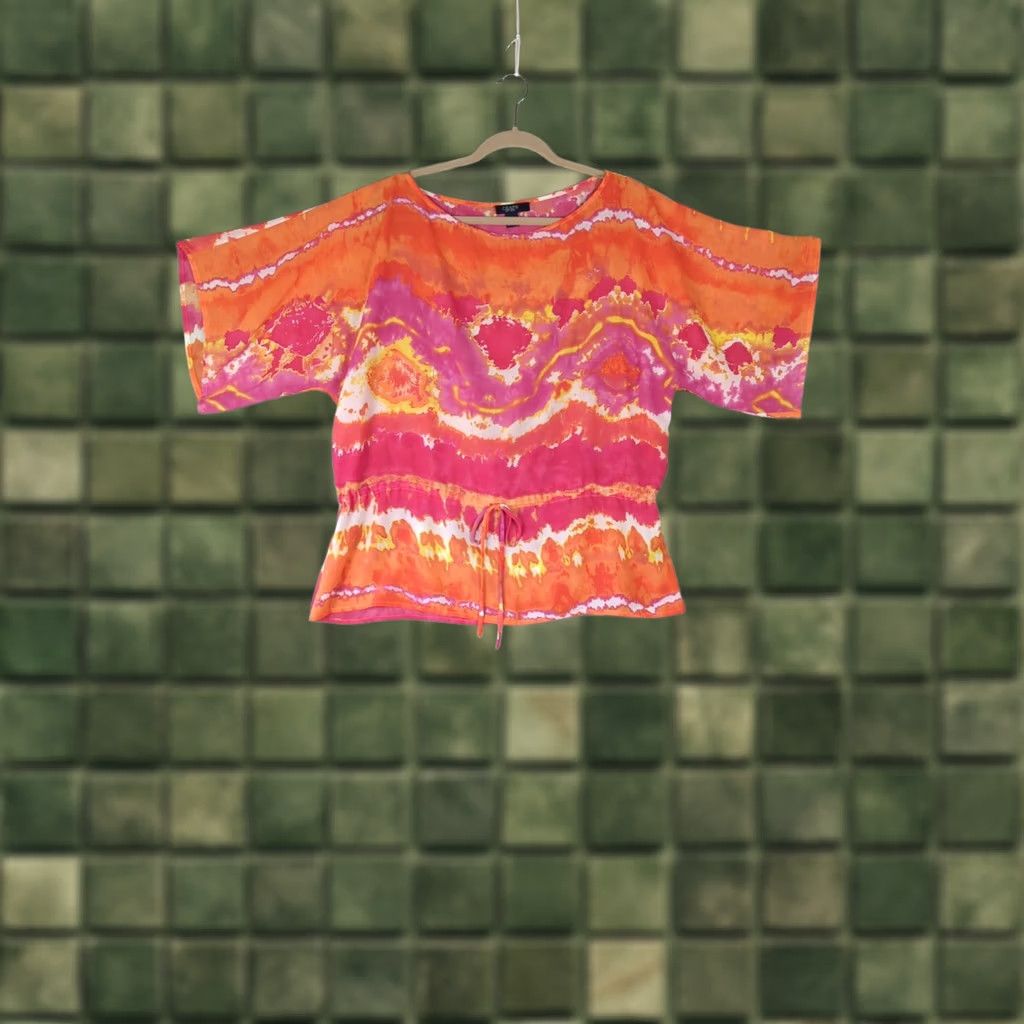 Chaps VINTAGE CHAPS Womens Blouse Shirt Tie-Dye Drawstring Waist Semi Sheer Orange Pink XL Size XL / US 12-14 / IT 48-50 - 1 Thumbnail