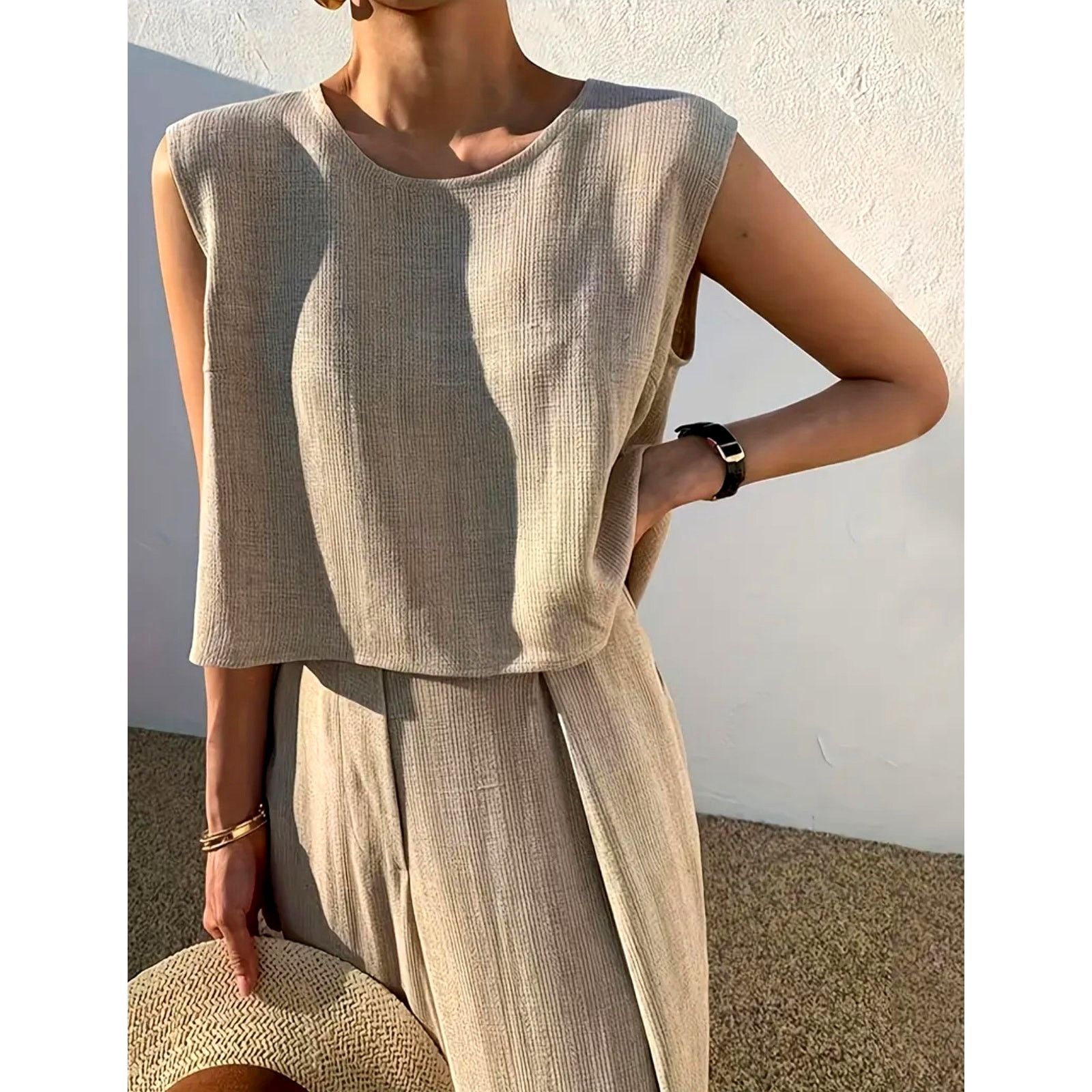 Other Casual 2 Pc Sleeveless Crew Neck Pleated Pant Set Khaki 12 Size 30" / US 8 / IT 44 - 3 Thumbnail