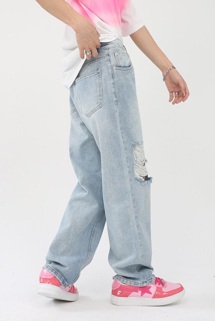 Designer × Japanese Brand Men's loose washed straight ripped jeans Size US 32 / EU 48 - 5 Thumbnail