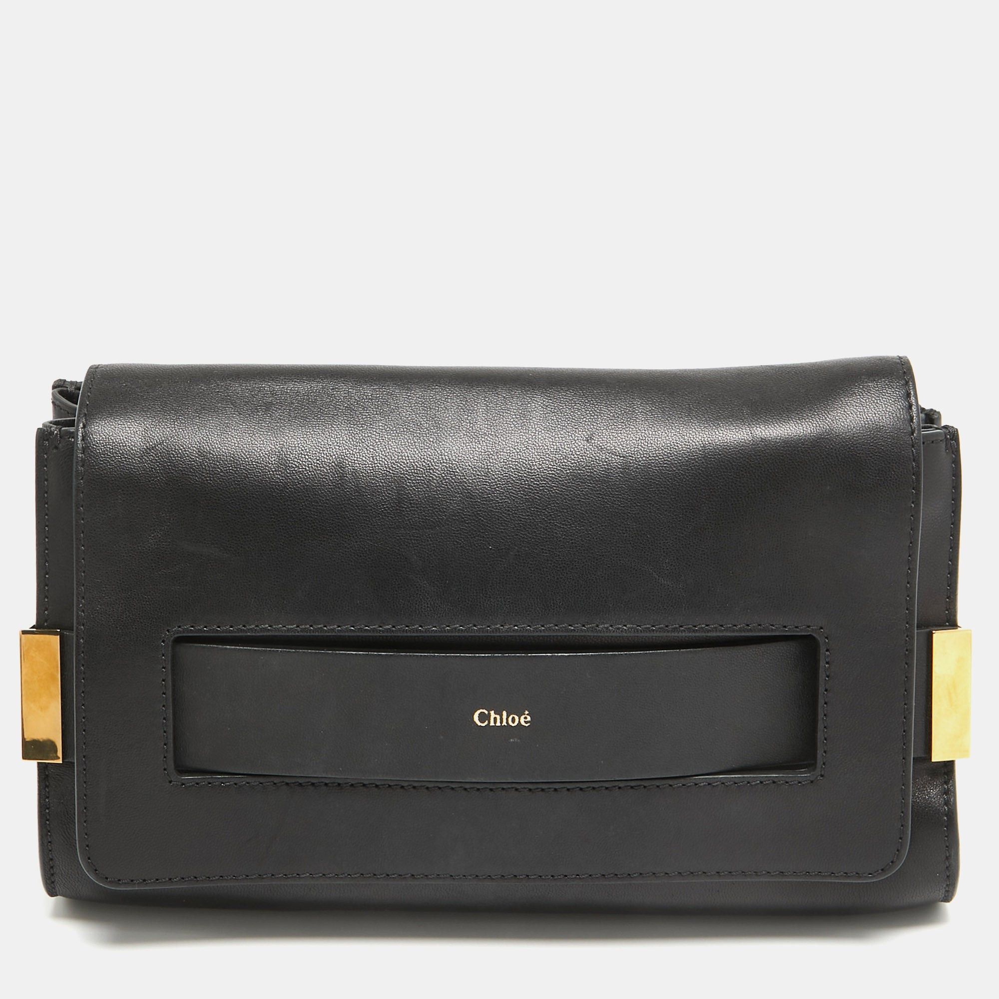 image of Chloe Black Leather Small Elle Clutch, Women's