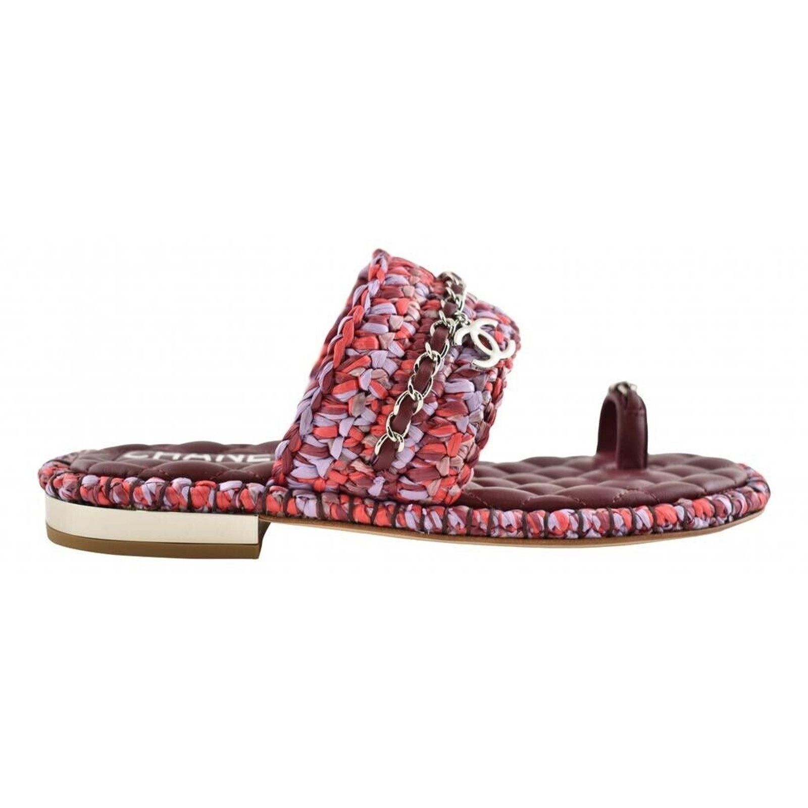 Chanel Chanel 20S Red Purple Raffia Tweed CC Chain Logo Sandal 36 | Grailed