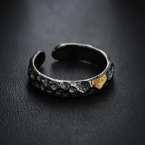 Jewelry Black Textured Open Band Ring with Gold Accent Size ONE SIZE - 6 Thumbnail