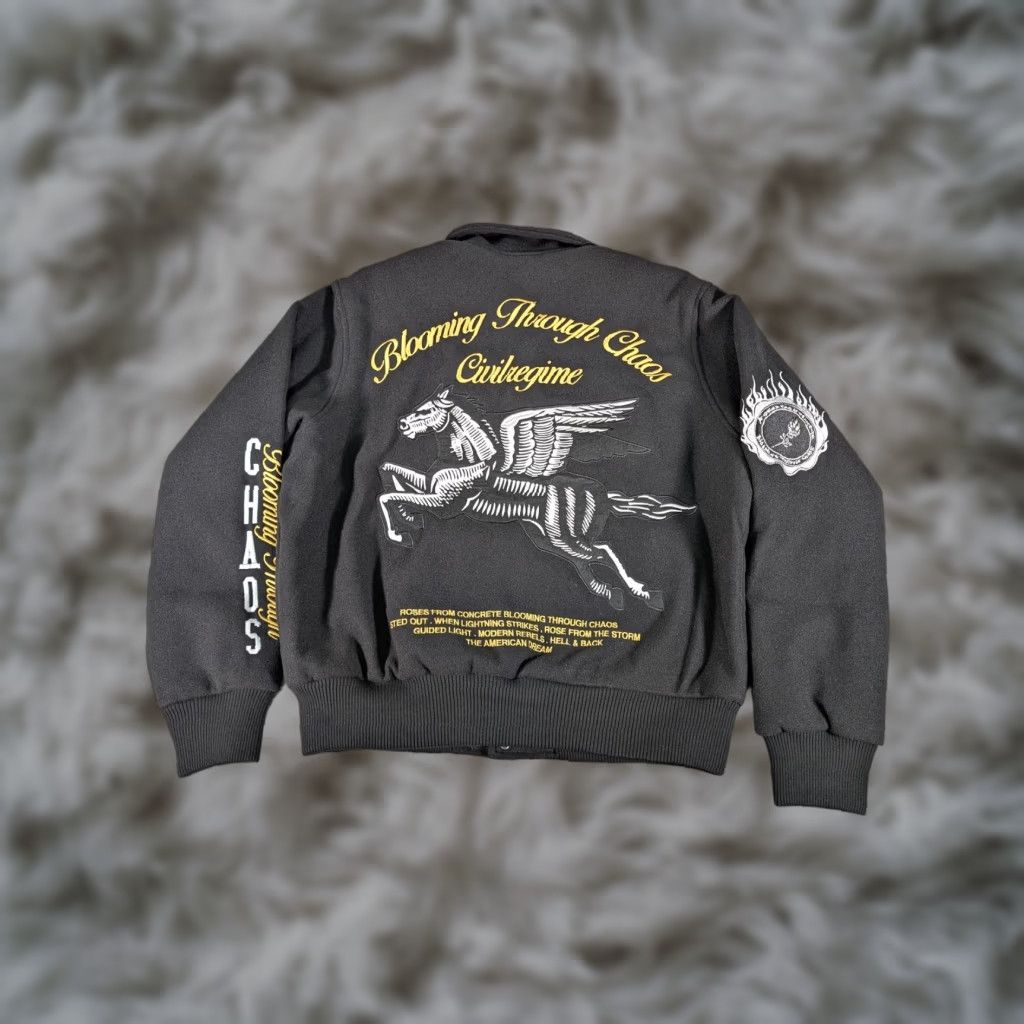 Vintage Civil Regime Blooming Skies Varsity Jacket Mens Small Black Embroidered Pegasus Chaos Logo Button Pockets Lined Insulated All Seasons Casual Travel Size US S / EU 44-46 / 1 - 1 Thumbnail