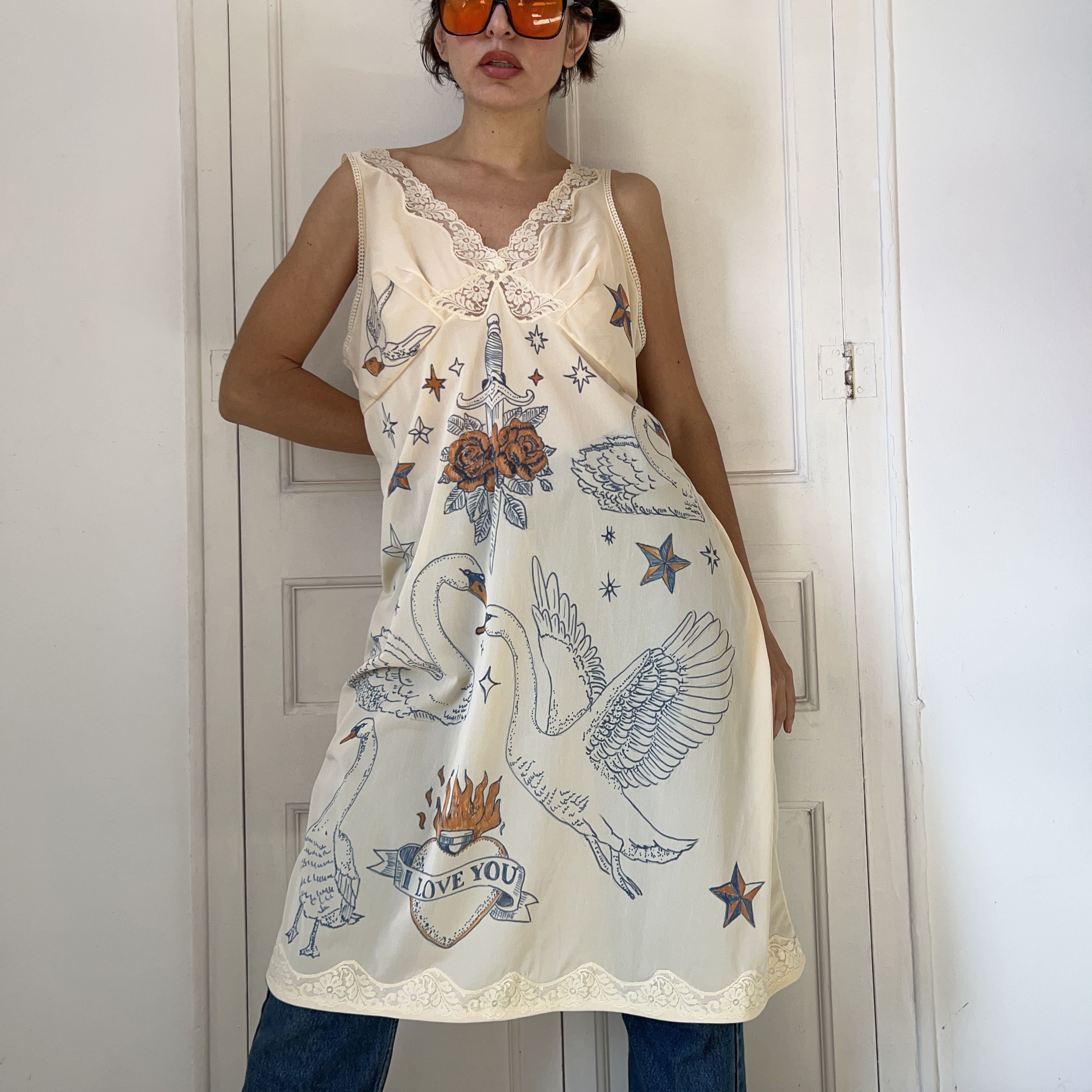 Custommade Hand-Painted Tattoo Swan Slip Dress Size L / US 10 / IT 46 - 9 Thumbnail