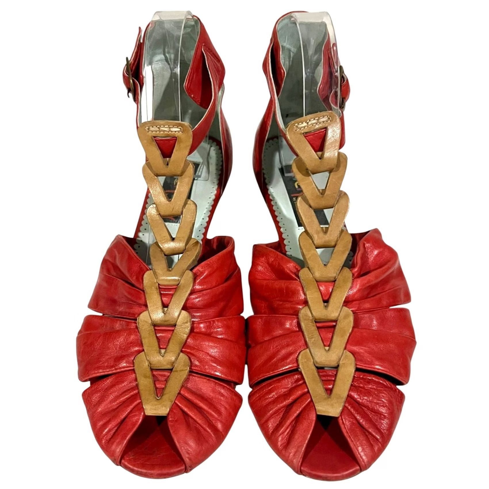 Vintage Everybody by B.Z. Moda Sandals Womens EU 40.5 Red & Tan Leather Ankle Buckle Heel Sandal Shiny Strappy Party/Cocktail Shoes Size US 10 / IT 40 - 3 Thumbnail