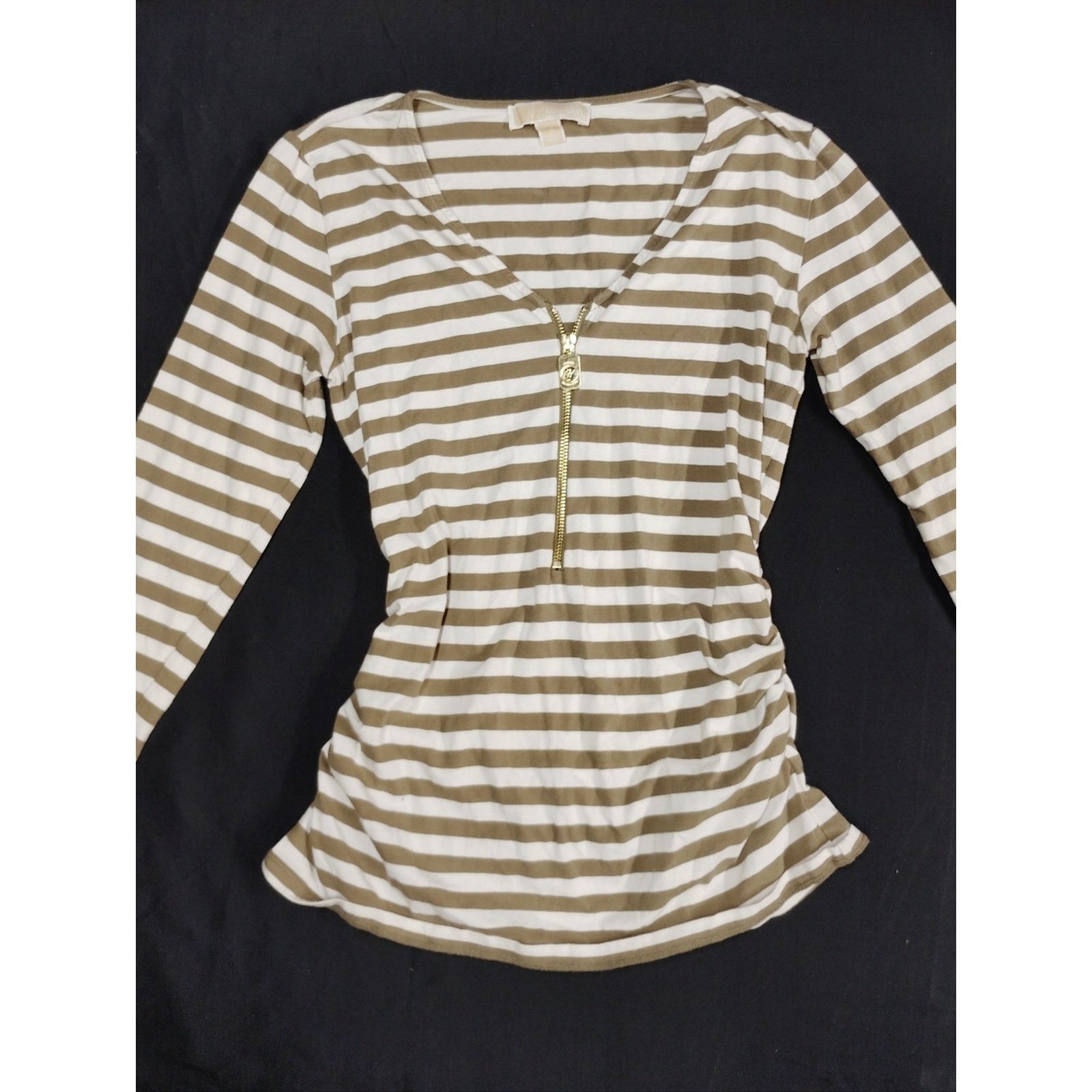 Michael Kors Michael Kors Striped V-Neck Zip Front Top Khaki & White Size S / US 4 / IT 40 - 1 Thumbnail