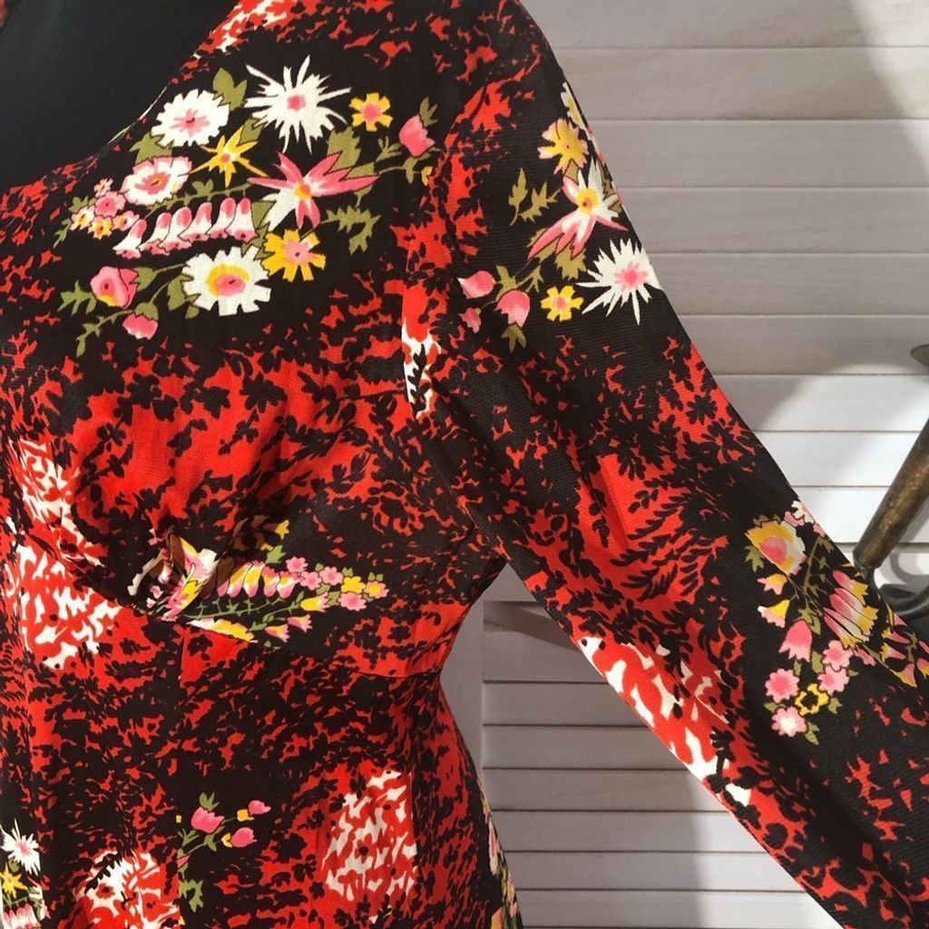 Vintage 70s boho mod floral red black midi dress trumpet sleeves L Size M / US 6-8 / IT 42-44 - 5 Thumbnail