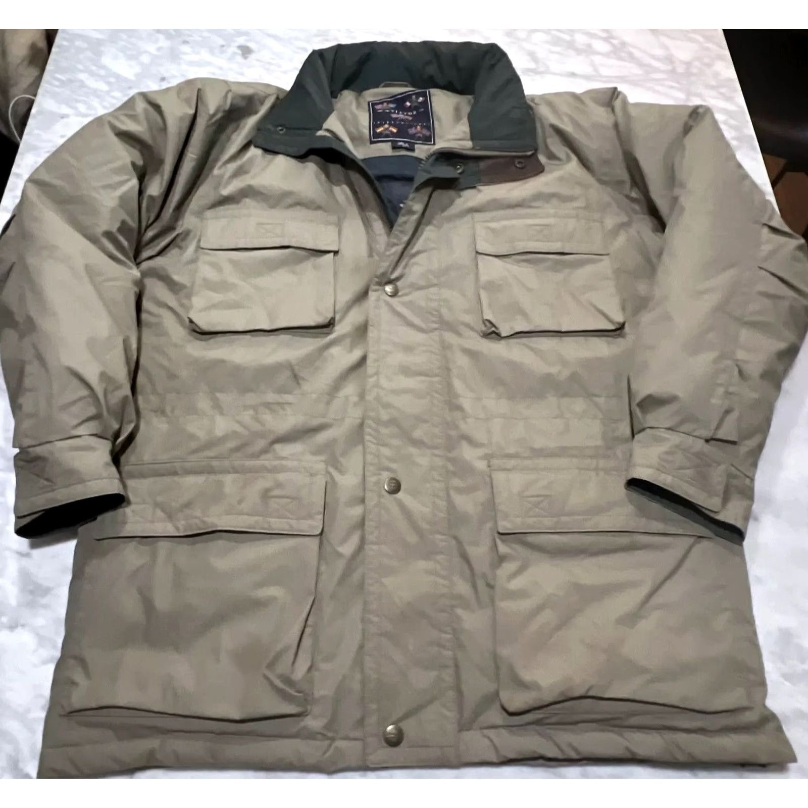 Vintage Aviator International Jacket Mens XL Winter Down Filled Hood Shell Cotton Polyester Khaki Bomber Jacket Regular Fit Mid-Length Zip Front Size US XL / EU 56 / 4 - 5 Thumbnail
