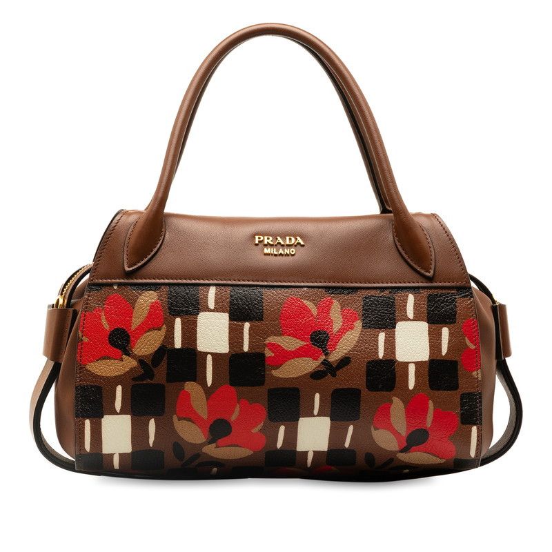 image of Prada Leather Printed Handbag in Brown, Women's