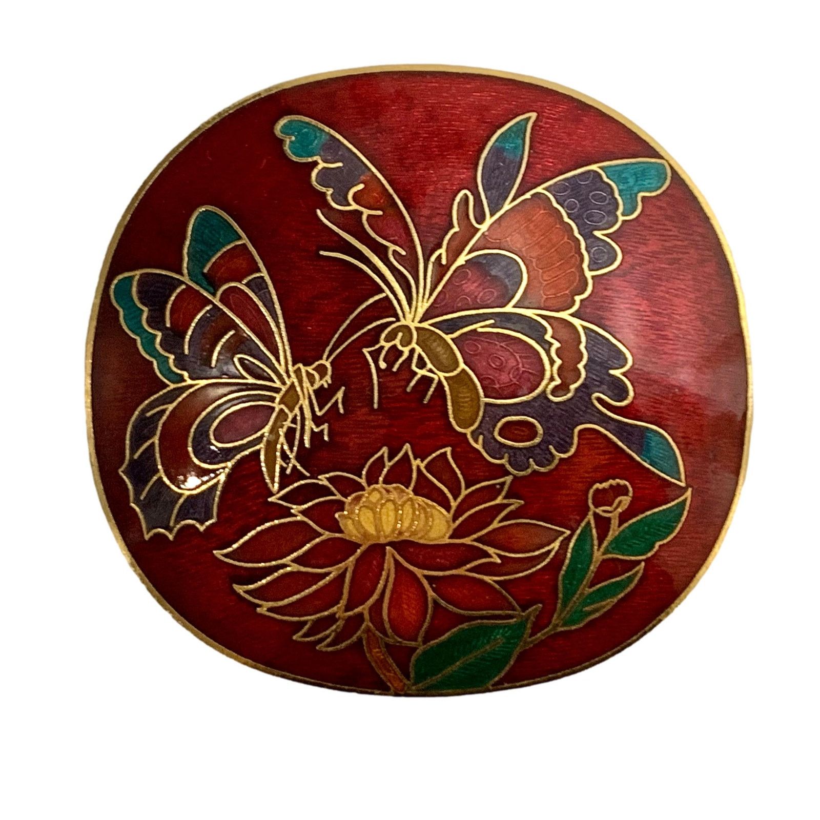 Vintage 70s Cloisonné Belt Buckle | Red and Gold Butterfly Size ONE SIZE - 1 Thumbnail