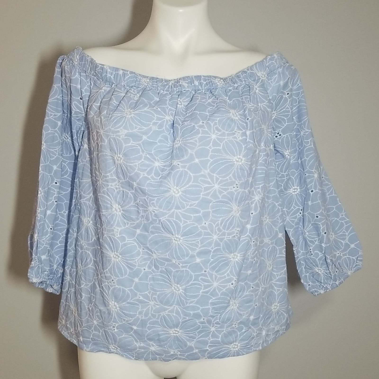 image of Milly Nova Blue Off-Shoulder Eyelet Floral Embroidered Top, Women's (Size Large)