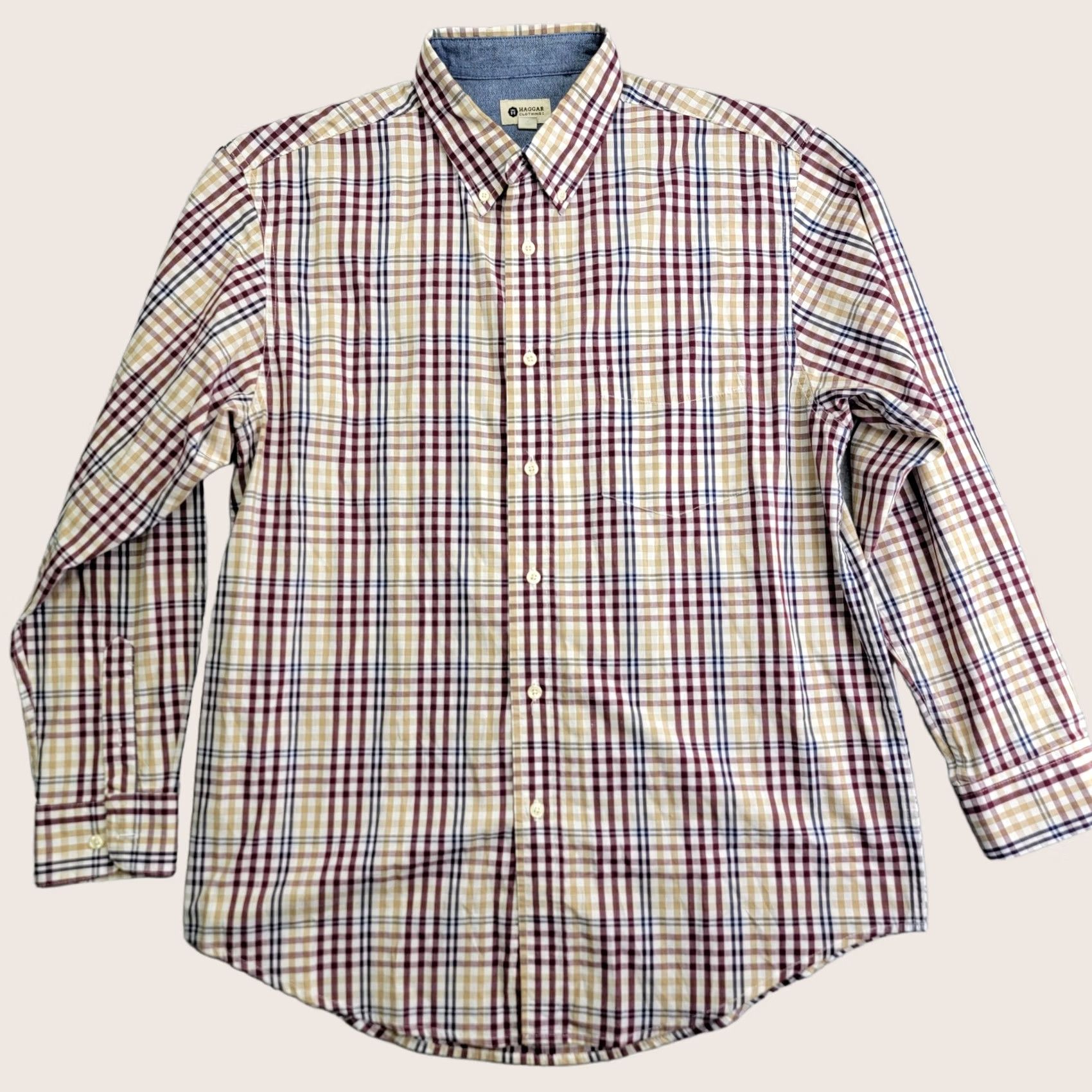 Haggar Haggar Shirt Mens Large Plaid Button-Front Long Sleeve Burgundy Tan Multicolor Casual Shirt Size US L / EU 52-54 / 3 - 1 Thumbnail