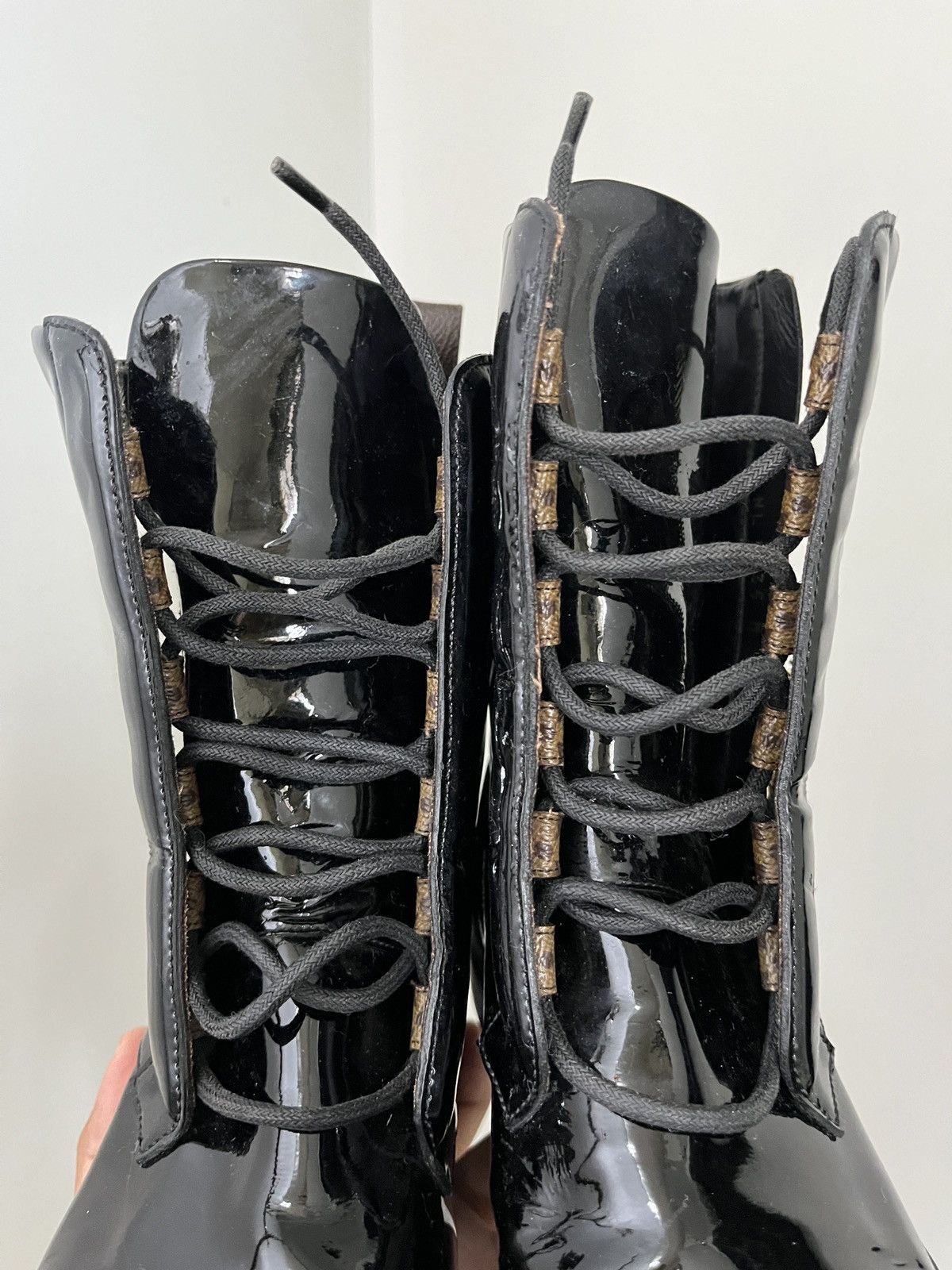 Louis Vuitton Louis Vuitton Patent Calfskin Monogram Macadam Combat Boots Size US 5.5 / IT 35.5 - 9 Thumbnail