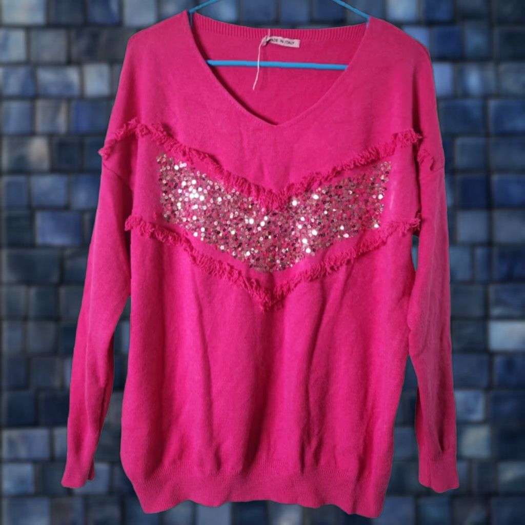 Vintage VINTAGE Made in Italy Womens Sequin Pullover V-Neck Fringe Sweater Pink Size ONE SIZE - 1 Thumbnail