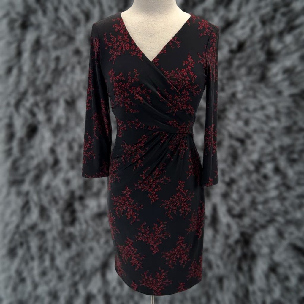 Ralph Lauren Lauren Ralph Lauren Dress Women’s 6 Black Floral Faux Wrap 3/4 Sleeve Knee Length V-Neck Stretch Jersey Classic Wrap Dress Women Mens? Size M / US 6-8 / IT 42-44 - 1 Thumbnail