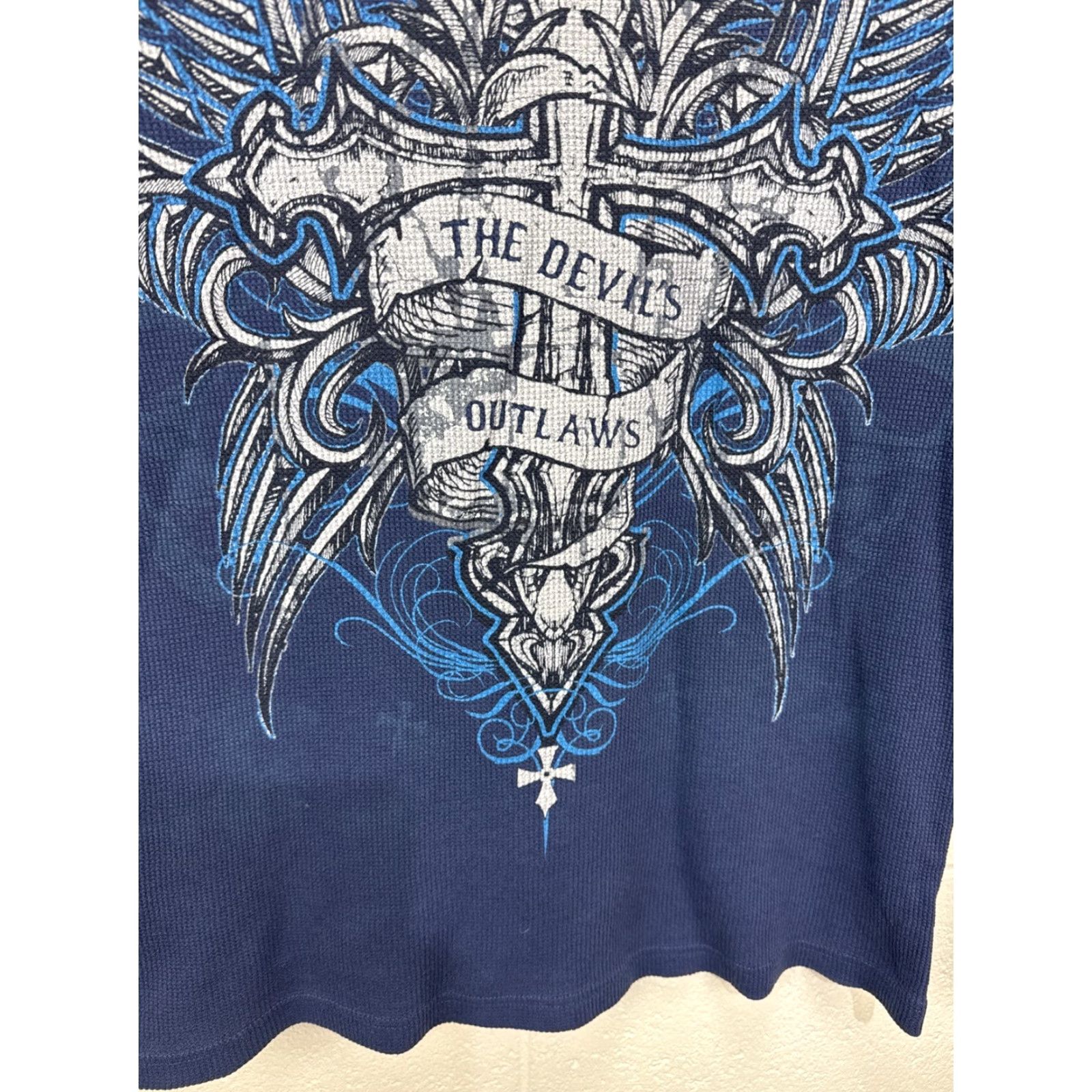 Affliction VINTAGE 2000s Waffle Knit T-Shirt Men Large Blue Graphic Print Gothic Punk Motorcycle Rock Horror Retro Biker Military Casual Size US L / EU 52-54 / 3 - 7 Thumbnail
