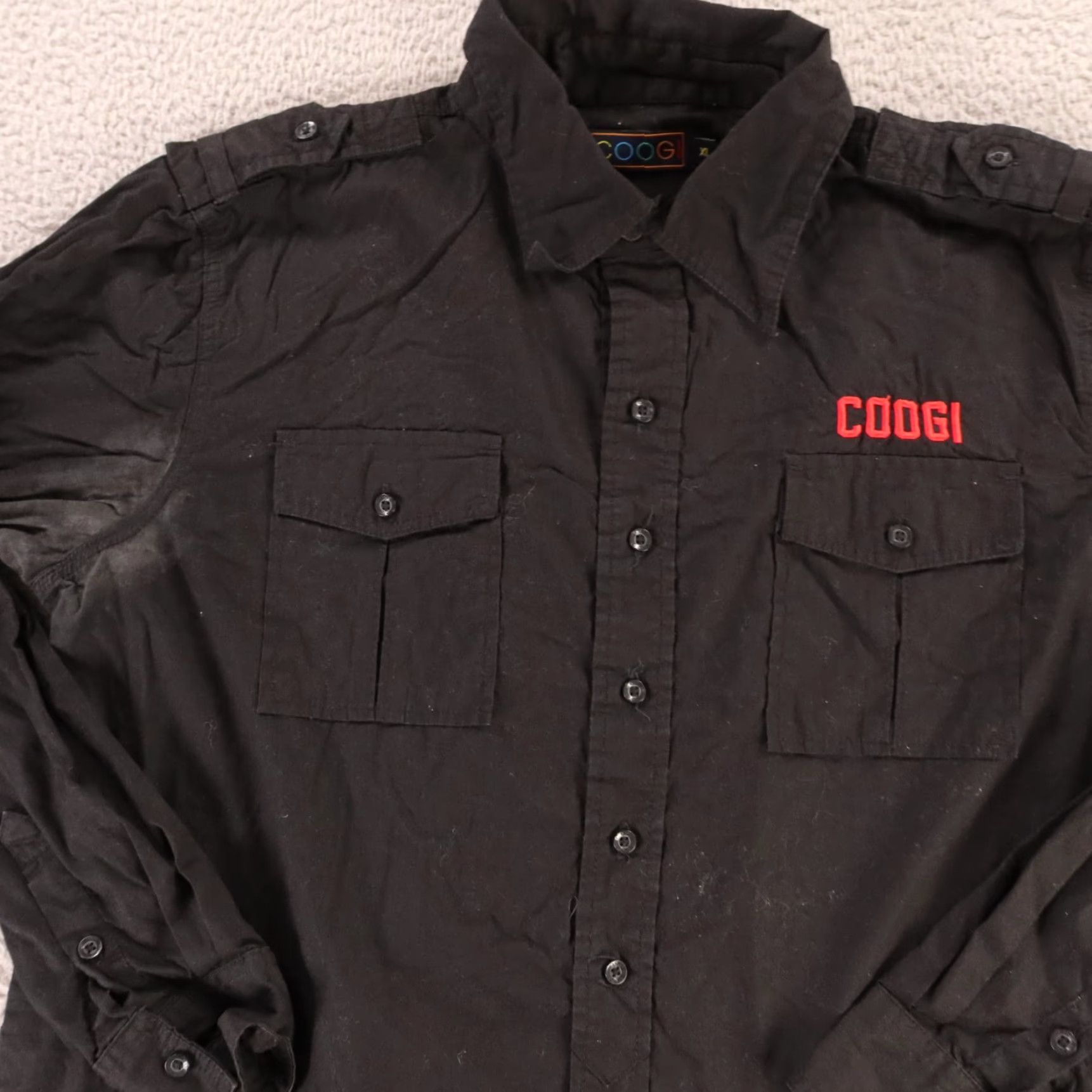 COOGI Shirt Mens Extra Large Black 100% Cotton Button Up Long Sleeve Felt Logo Mens