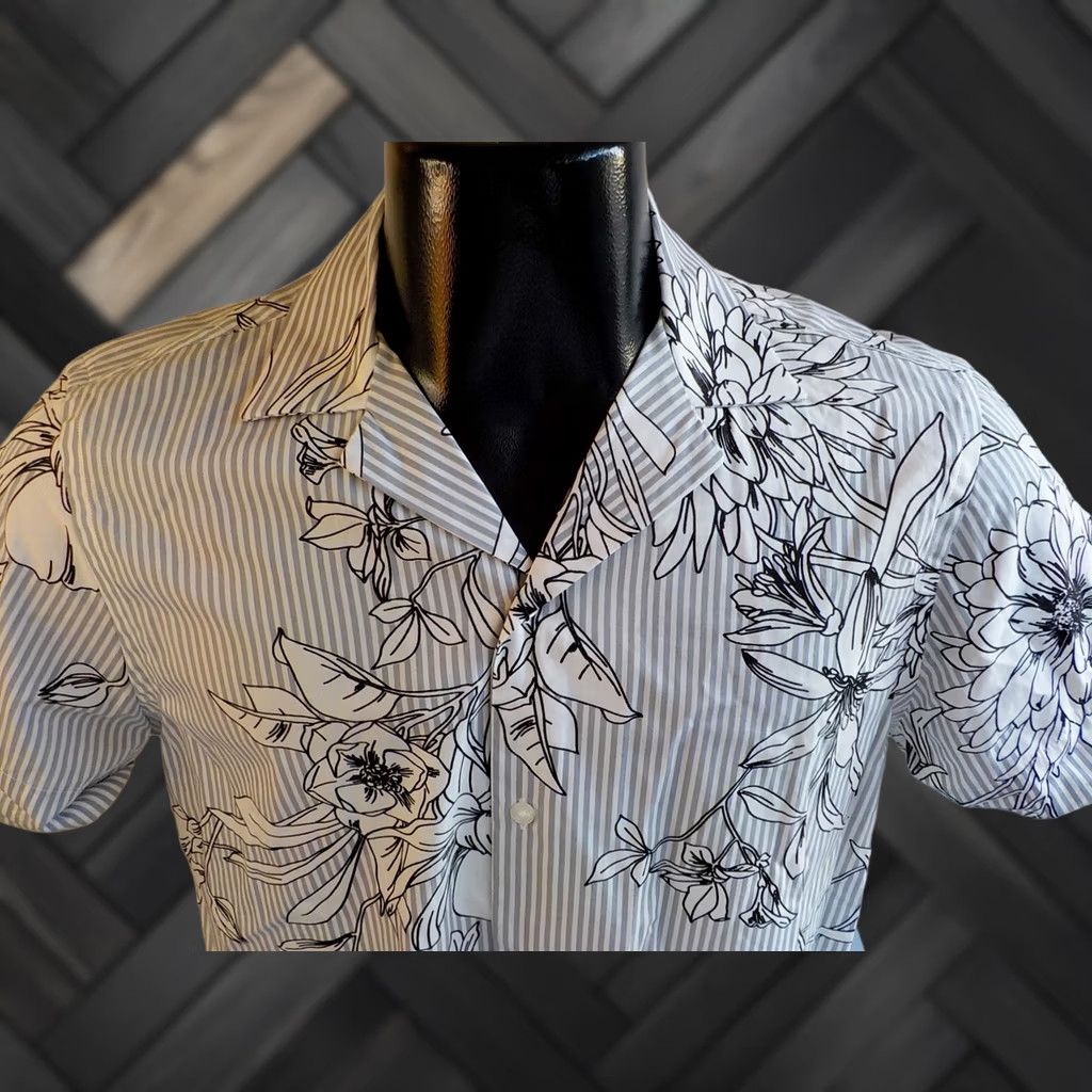 Zara ZARA MAN SS Striped/Floral Button Front Shirt Cotton Gray White Black SZ SM-NWT Shirt Mens Small Cotton Striped Floral Button-Up-NWT Size US S / EU 44-46 / 1 - 1 Thumbnail