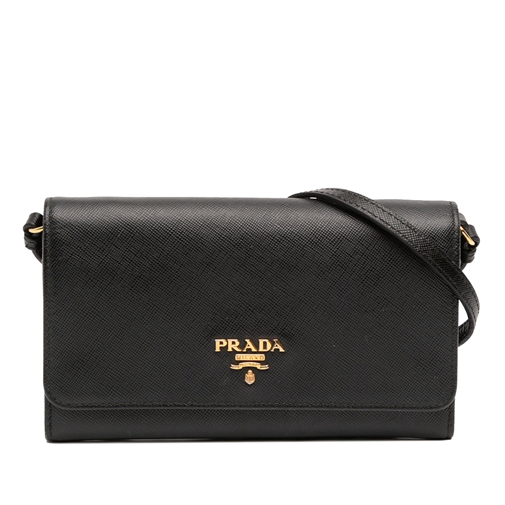 Prada Saffiano Wallet On Strap in Black, Women's